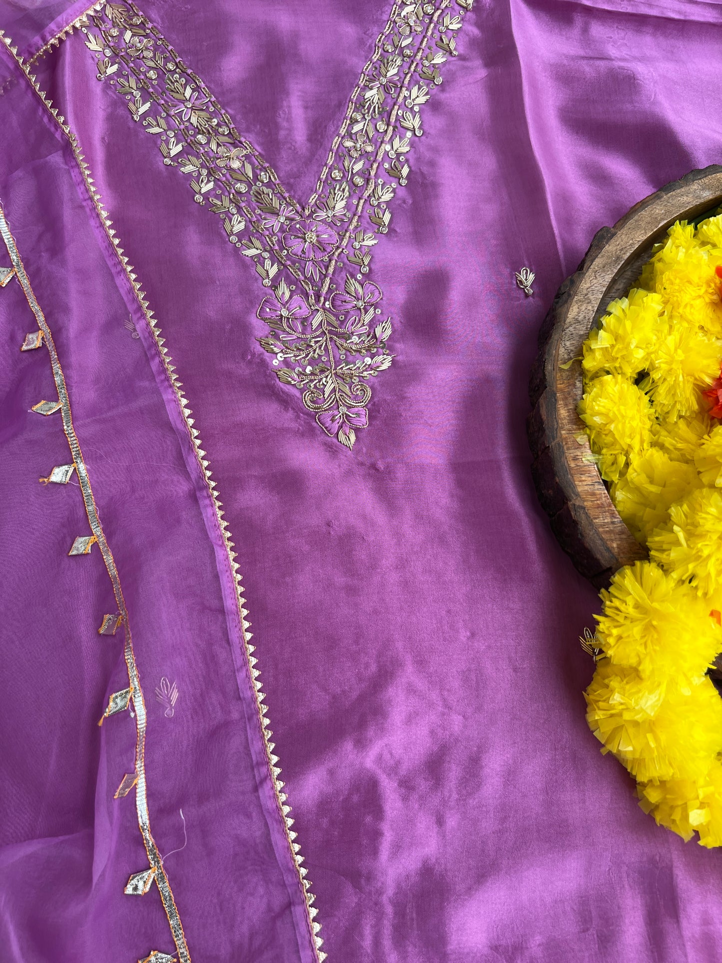 Royal Plum Russian Silk Suit with Handwork & Gota Jaal Dupatta