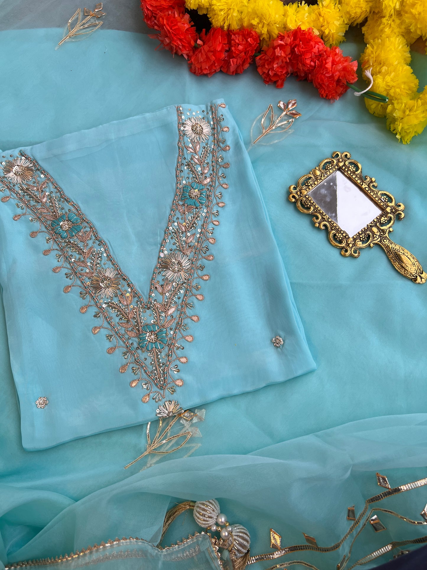 Sky Blue Russian Silk Suit with Handwork & Gota Jaal Dupatta