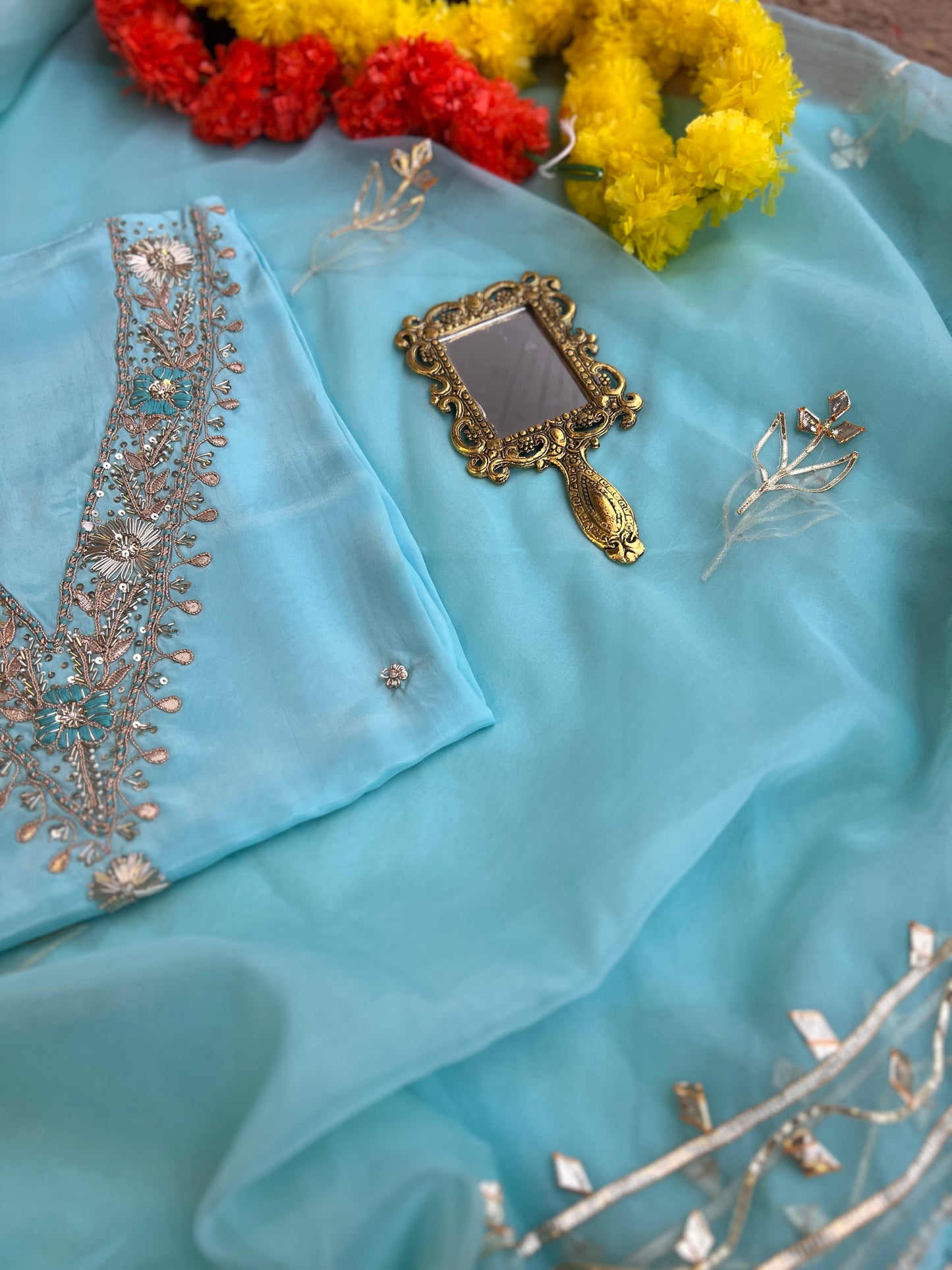 Sky Blue Russian Silk Suit with Handwork & Gota Jaal Dupatta