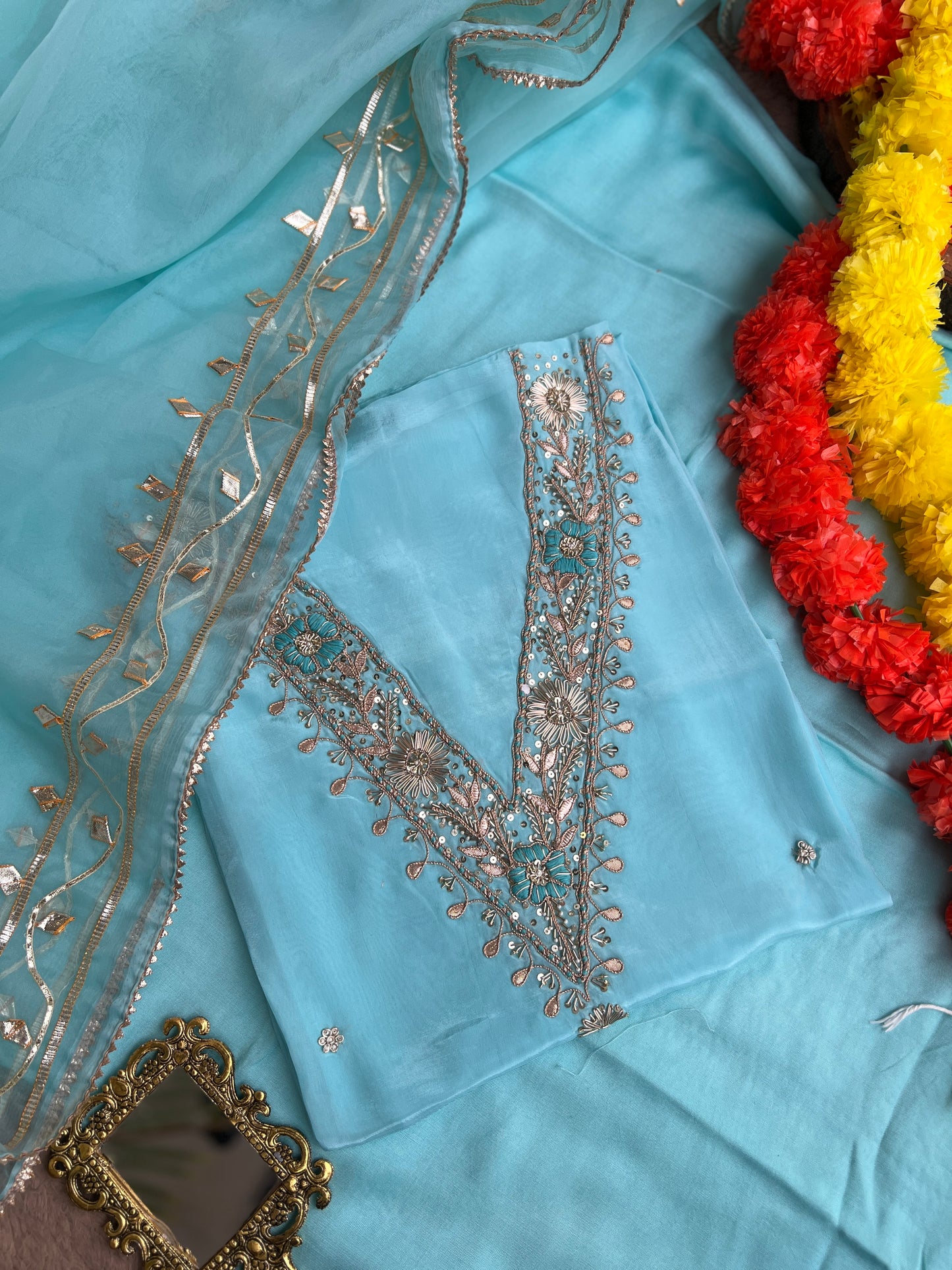 Sky Blue Russian Silk Suit with Handwork & Gota Jaal Dupatta
