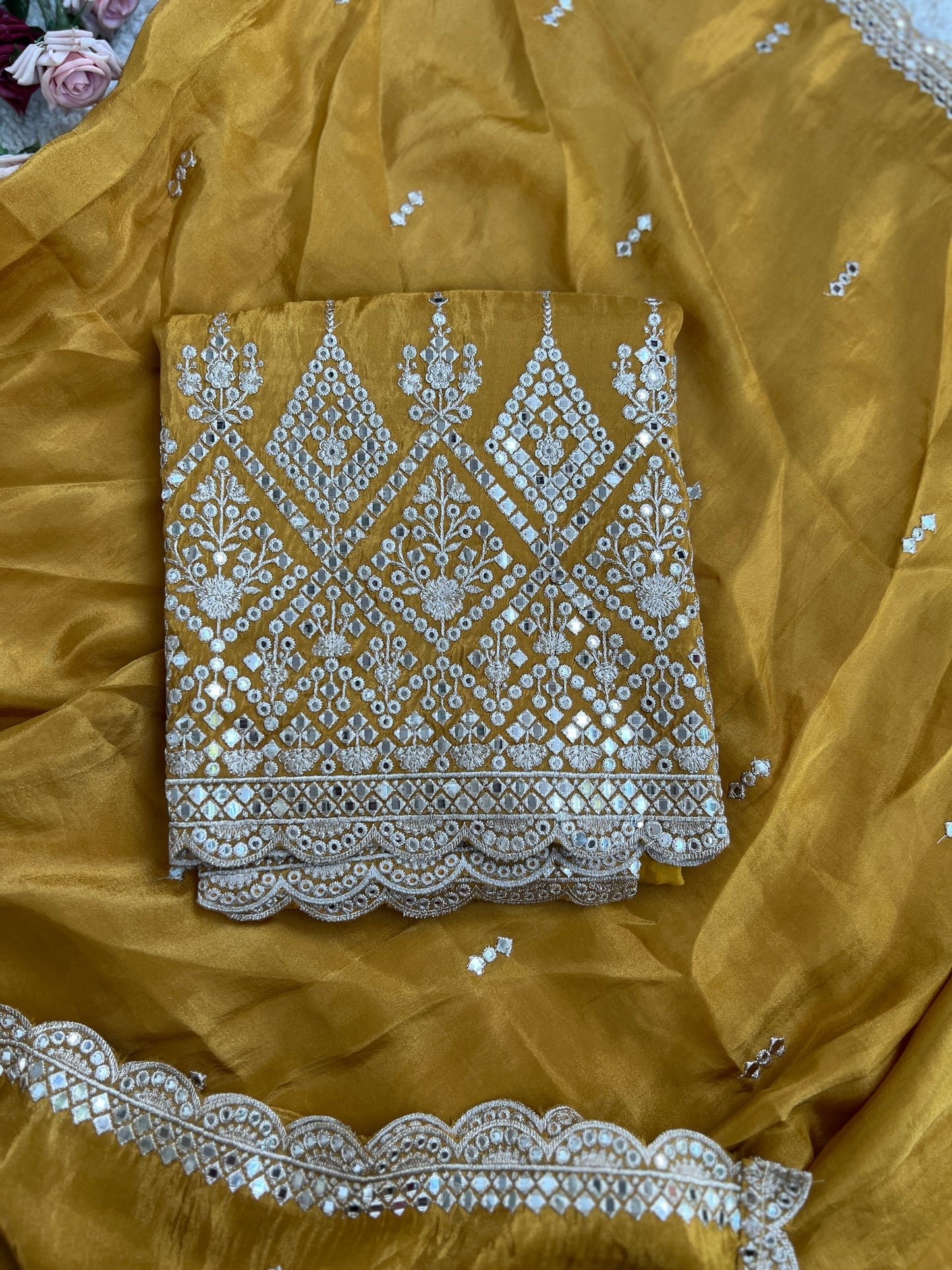 Elegant Mirror Embroidered Silk Ensembles