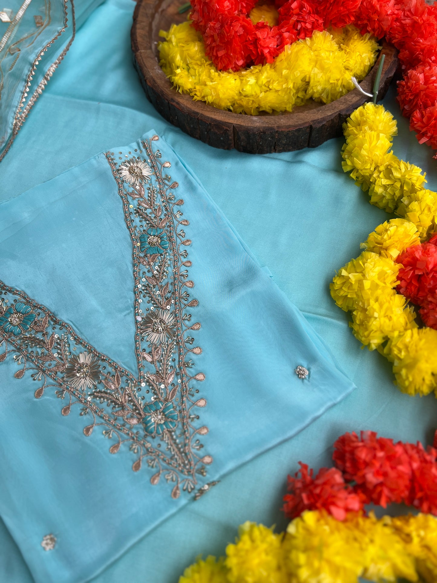 Sky Blue Russian Silk Suit with Handwork & Gota Jaal Dupatta