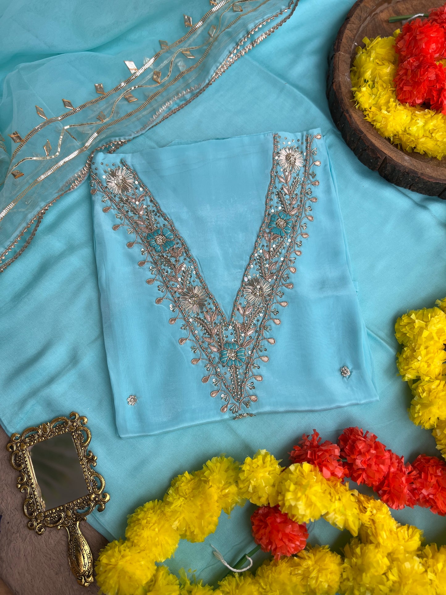 Sky Blue Russian Silk Suit with Handwork & Gota Jaal Dupatta