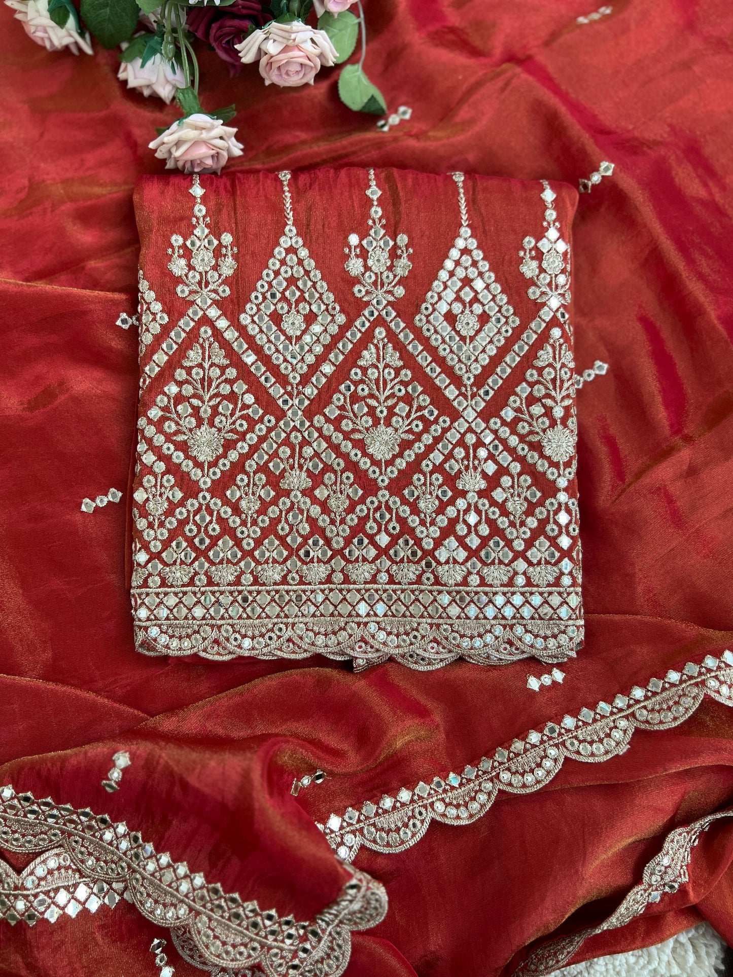 Elegant Mirror Embroidered Silk Ensembles