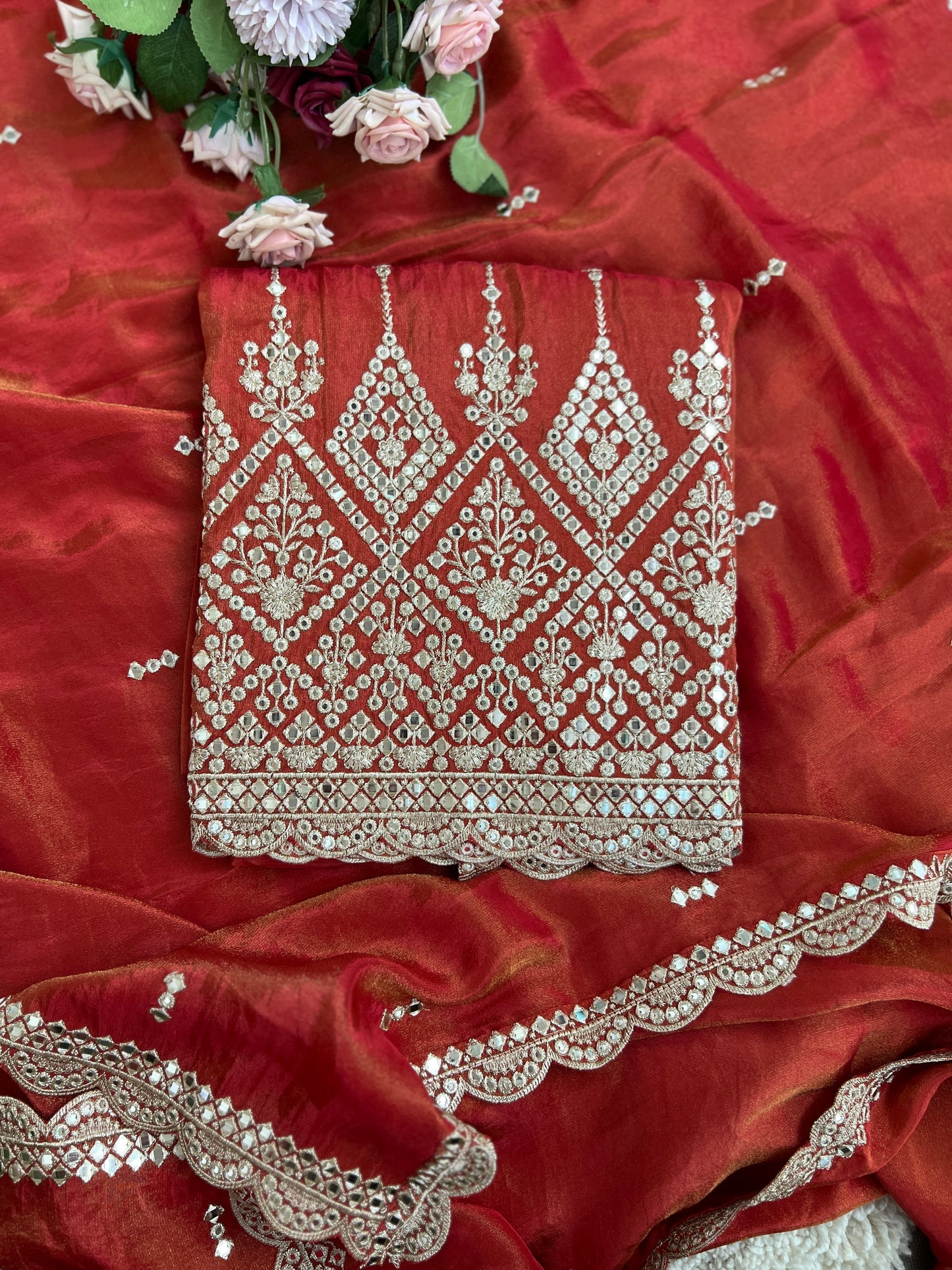 Elegant Mirror Embroidered Silk Ensembles