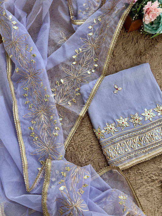 Lavender Crepe Kachcha Gota Work Unstitched Suit Set with Organza Dupatta