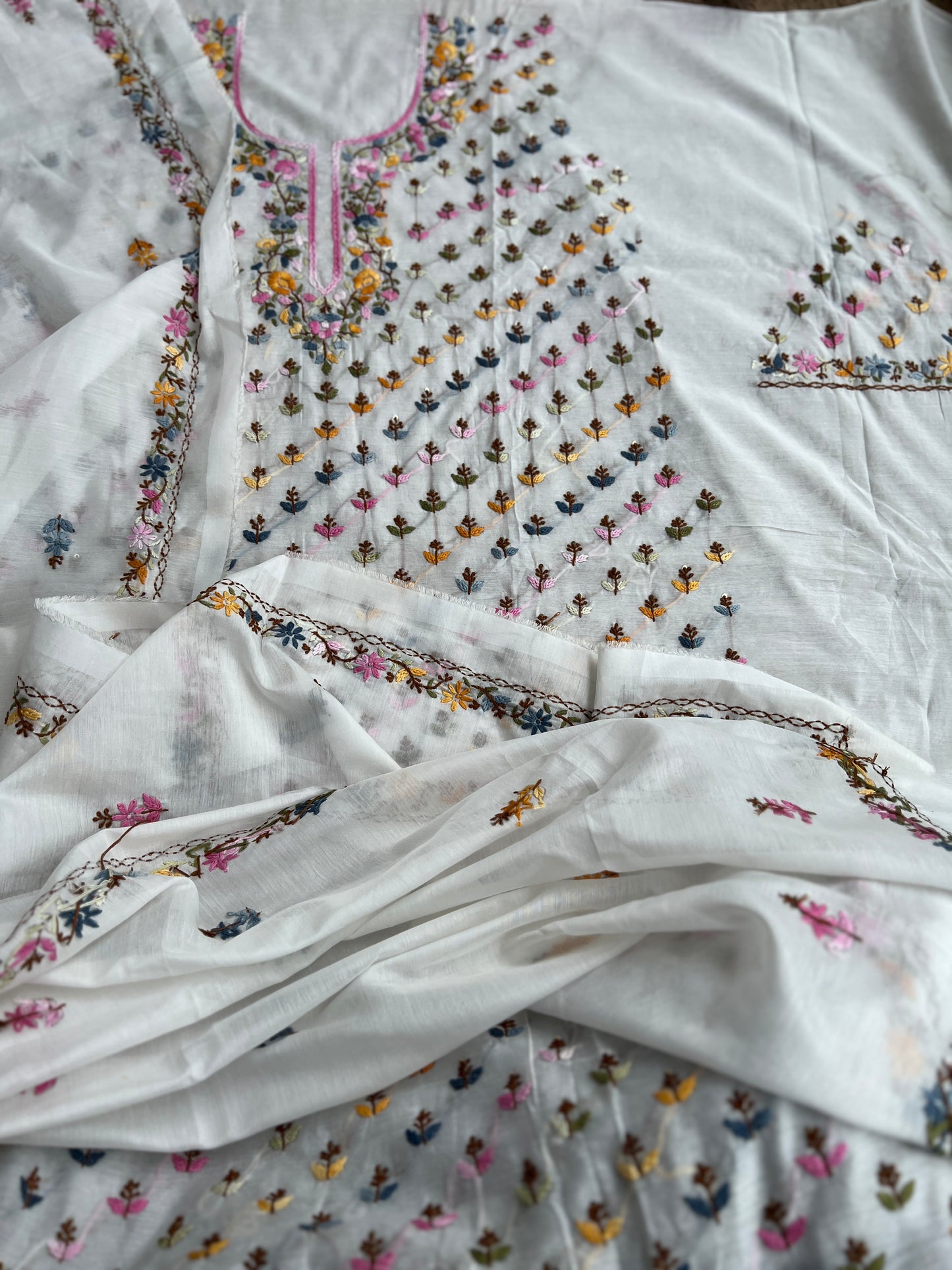 White Chanderi Silk Suit with Multicolor Hand Embroidery πΈβ¨