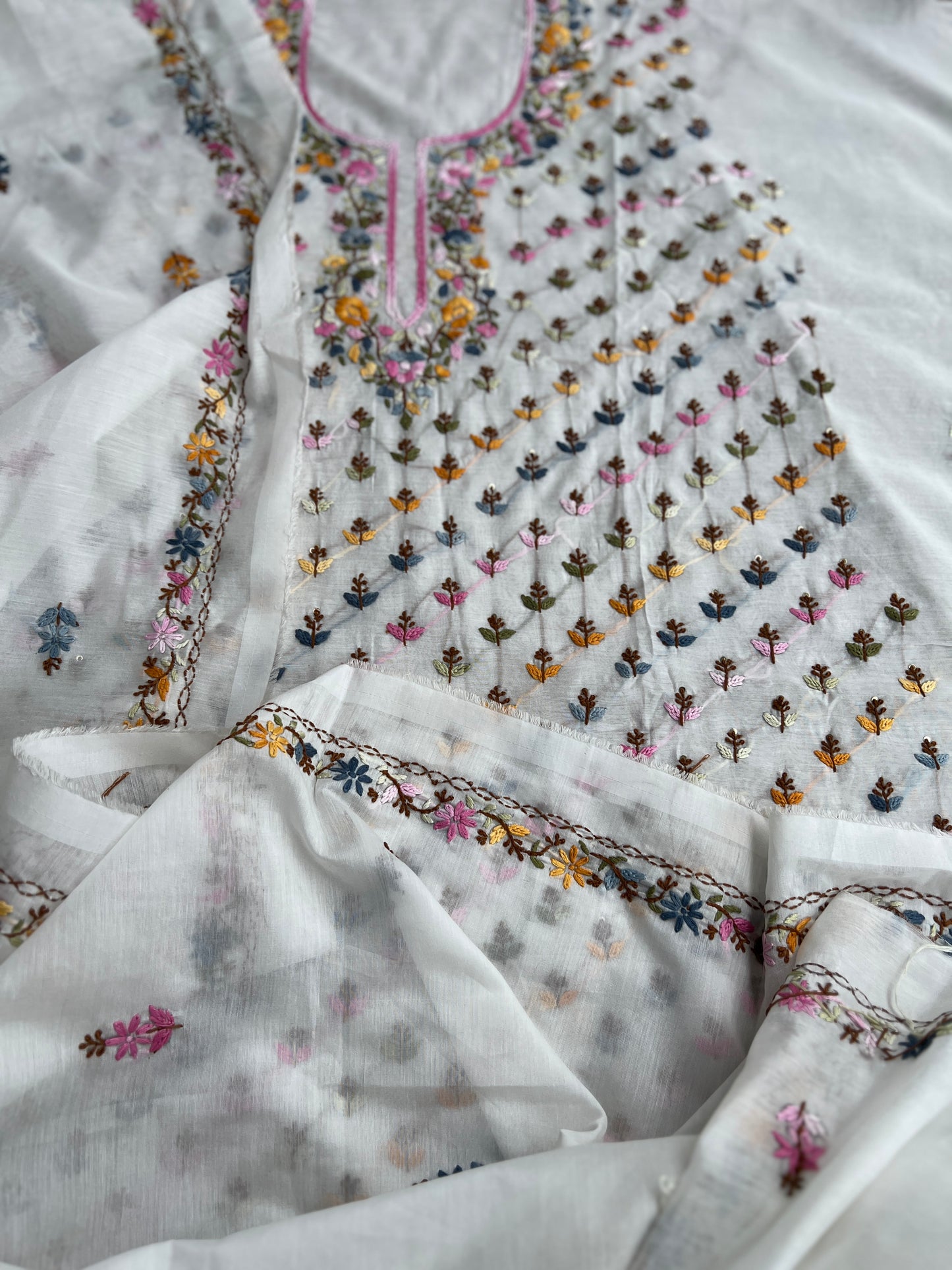 White Chanderi Silk Suit with Multicolor Hand Embroidery πΈβ¨