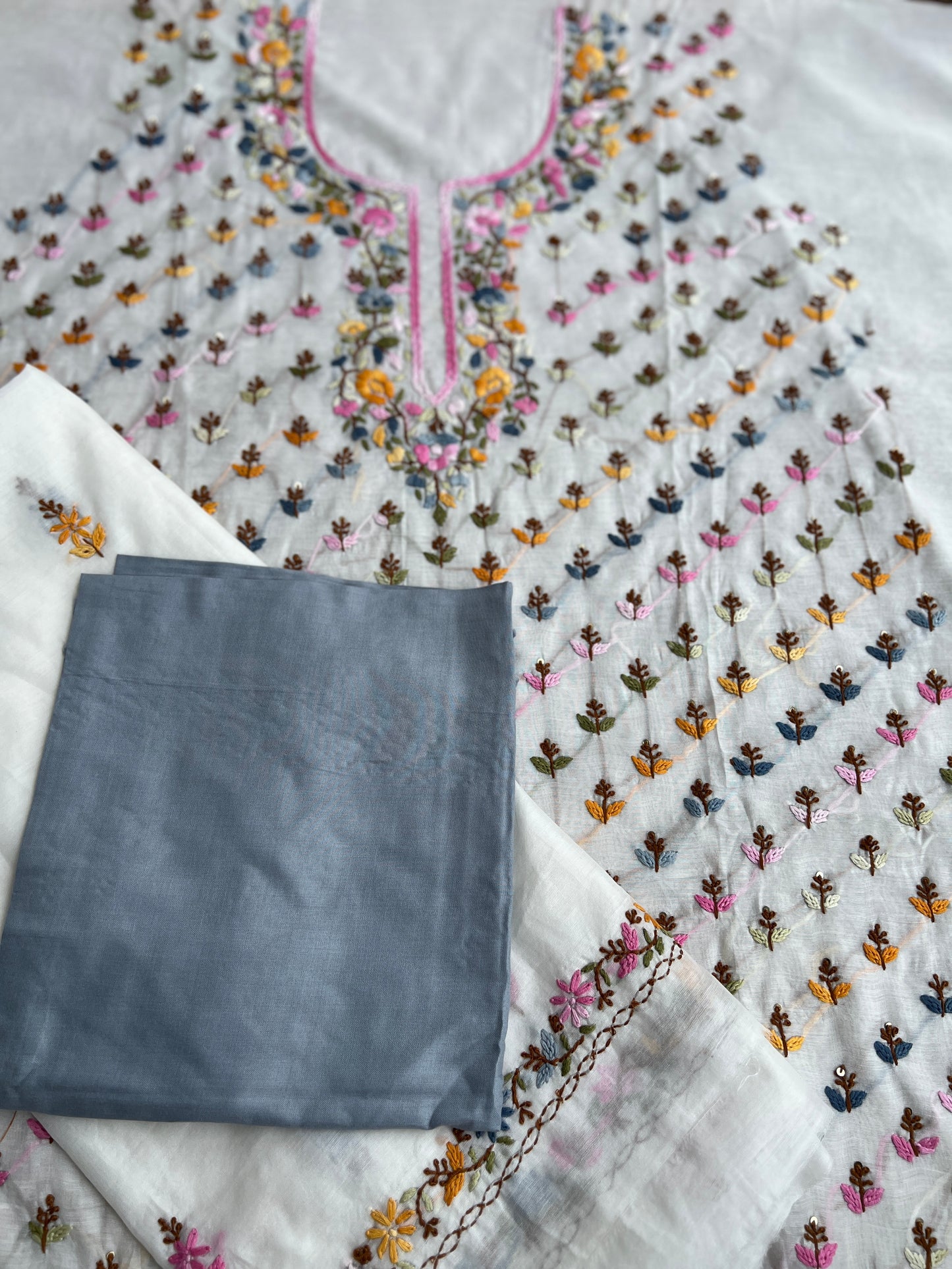 White Chanderi Silk Suit with Multicolor Hand Embroidery πΈβ¨