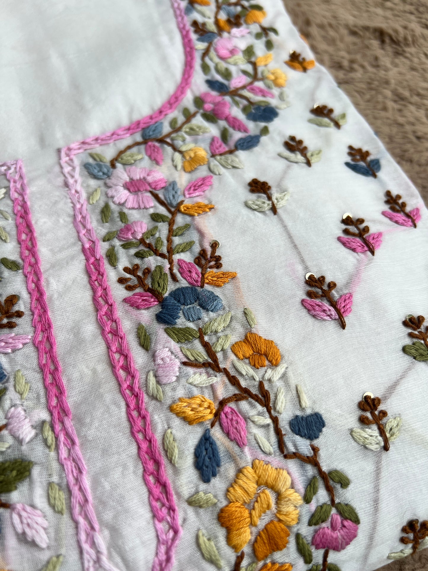 White Chanderi Silk Suit with Multicolor Hand Embroidery πΈβ¨