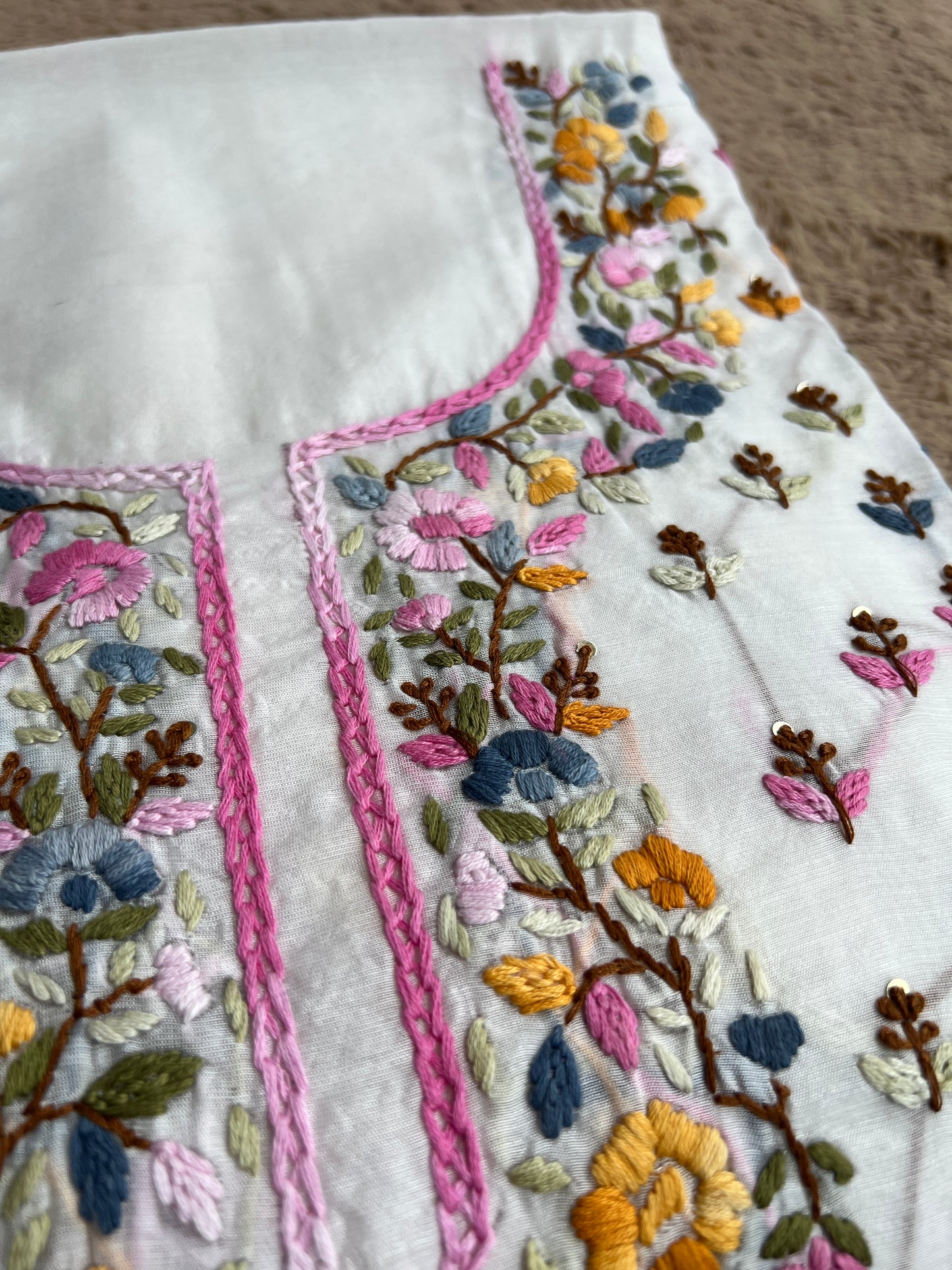White Chanderi Silk Suit with Multicolor Hand Embroidery πΈβ¨