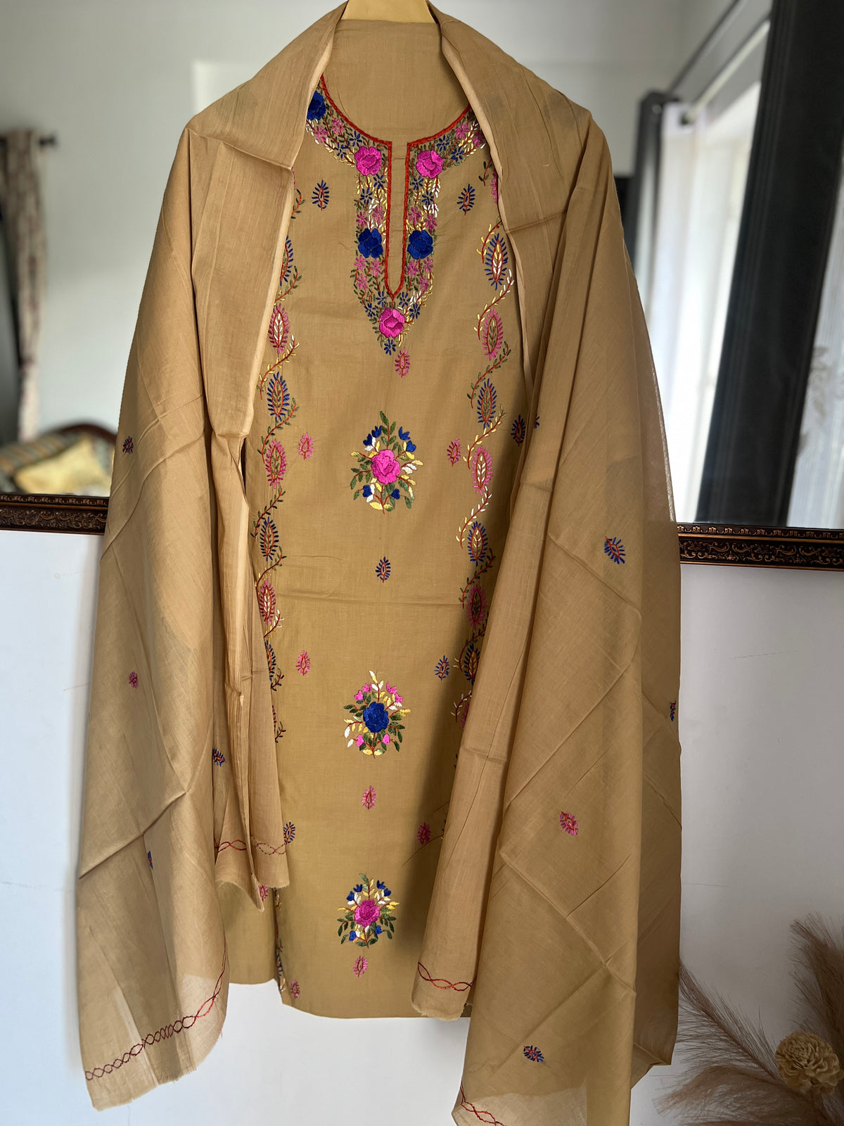 Beige Brown Pure Cotton Parshi Handwork Suit Set