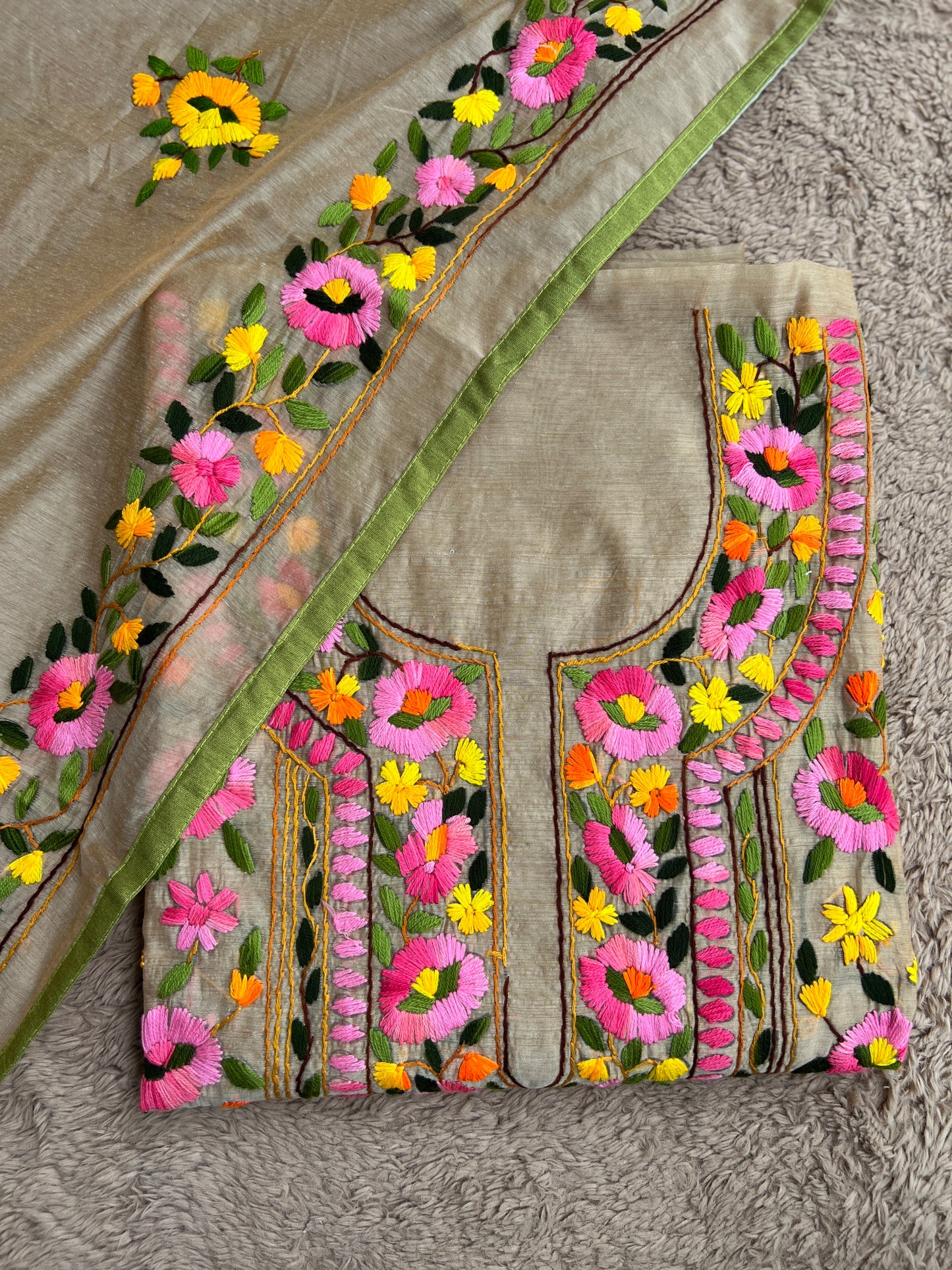 Elegant Beige Multi Phulkari Chanderi Silk Ensemble