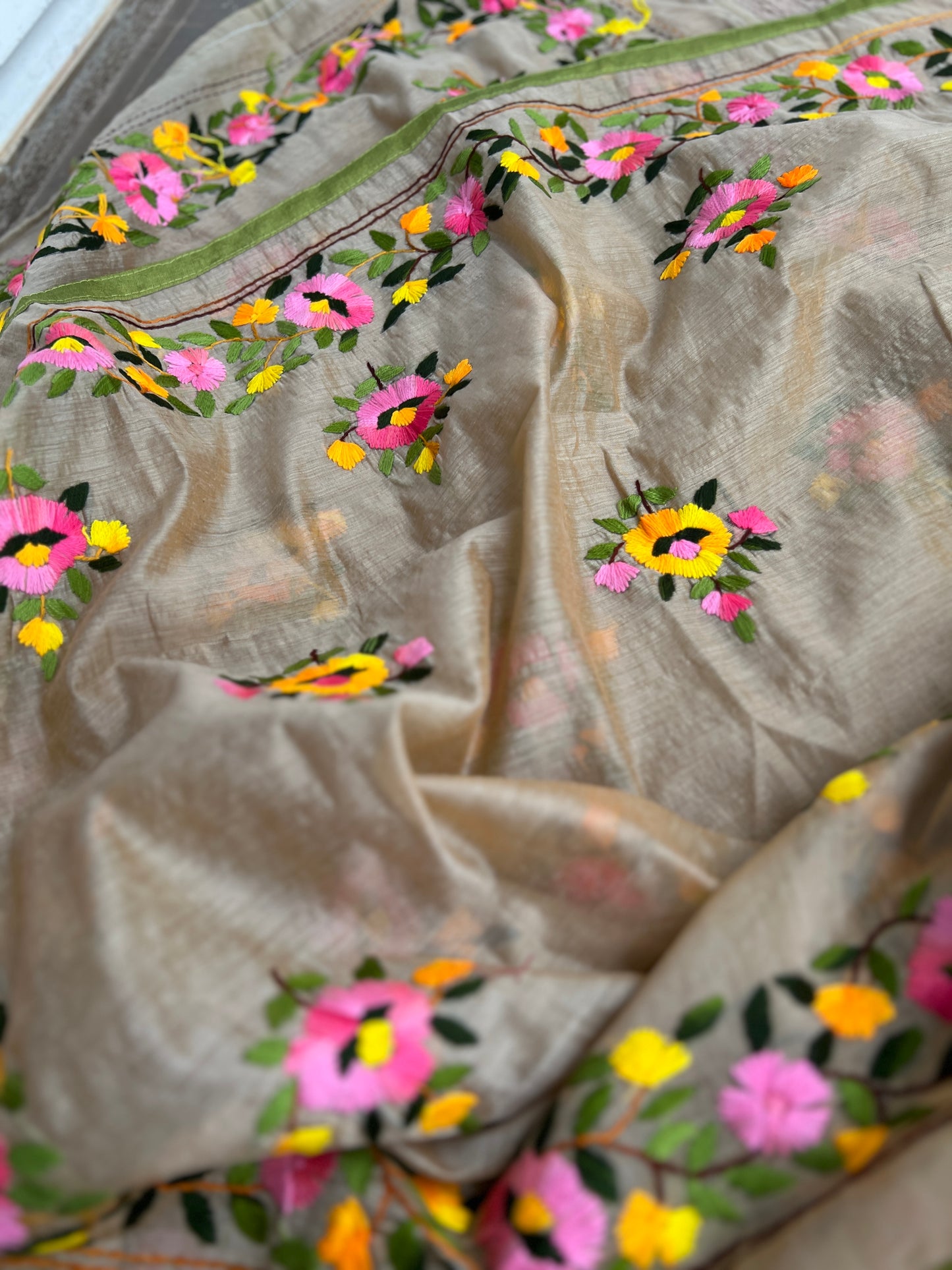 Elegant Beige Multi Phulkari Chanderi Silk Ensemble