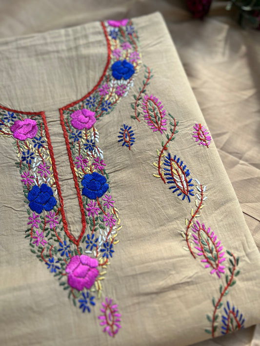 Beige Pure Cotton Kashmiri Handwork Suit Set