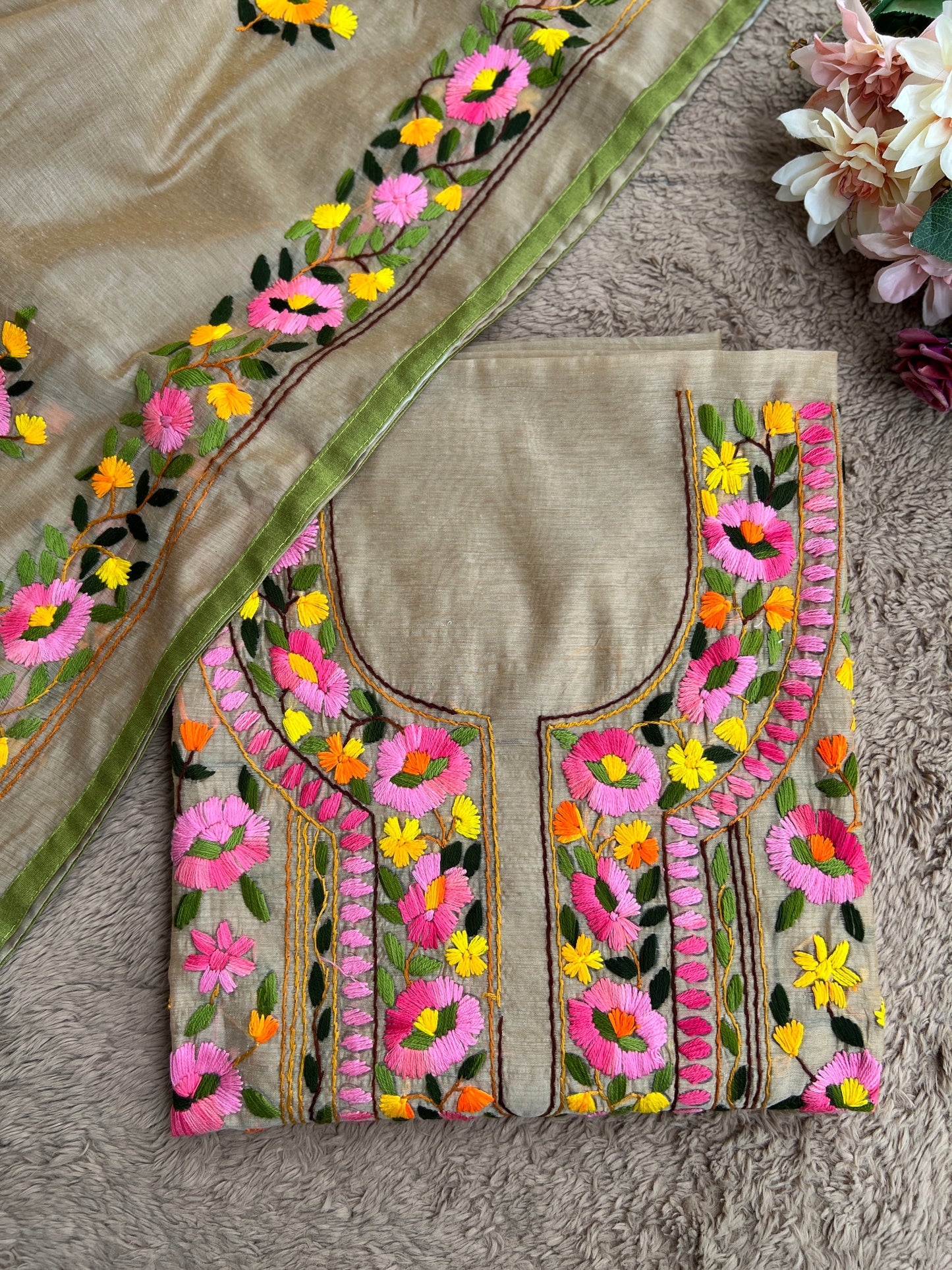 Elegant Beige Multi Phulkari Chanderi Silk Ensemble