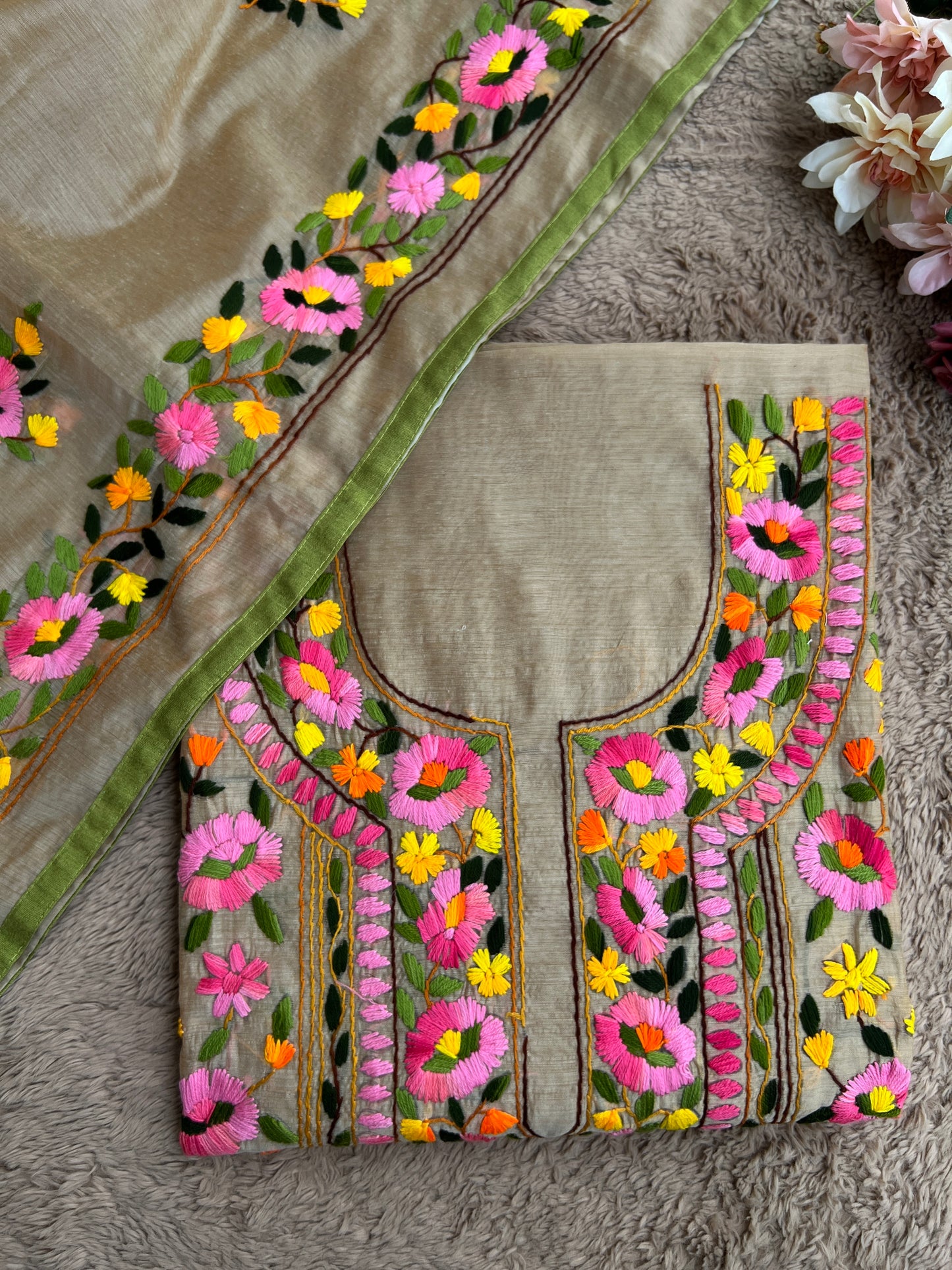 Elegant Beige Multi Phulkari Chanderi Silk Ensemble