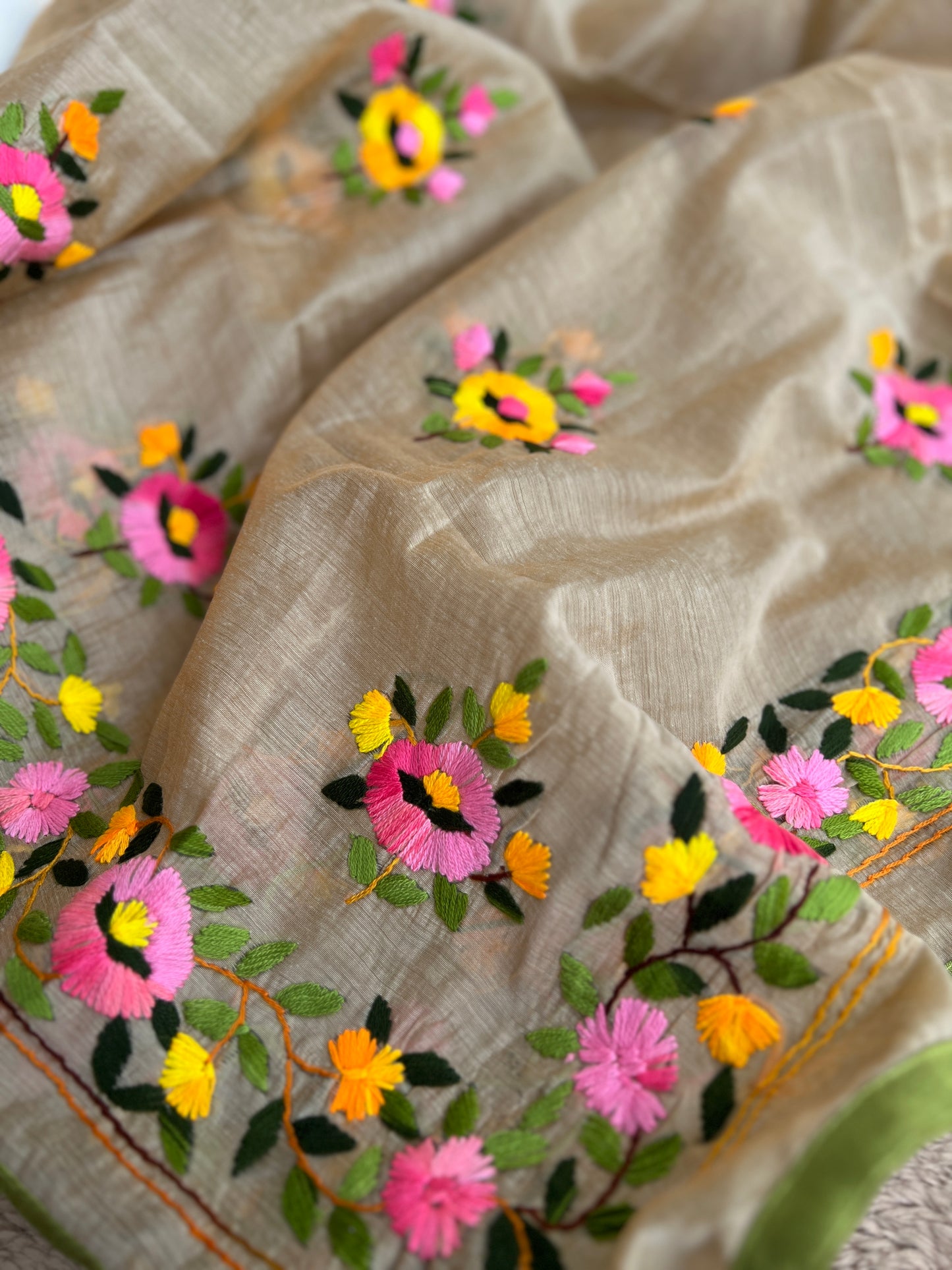 Elegant Beige Multi Phulkari Chanderi Silk Ensemble