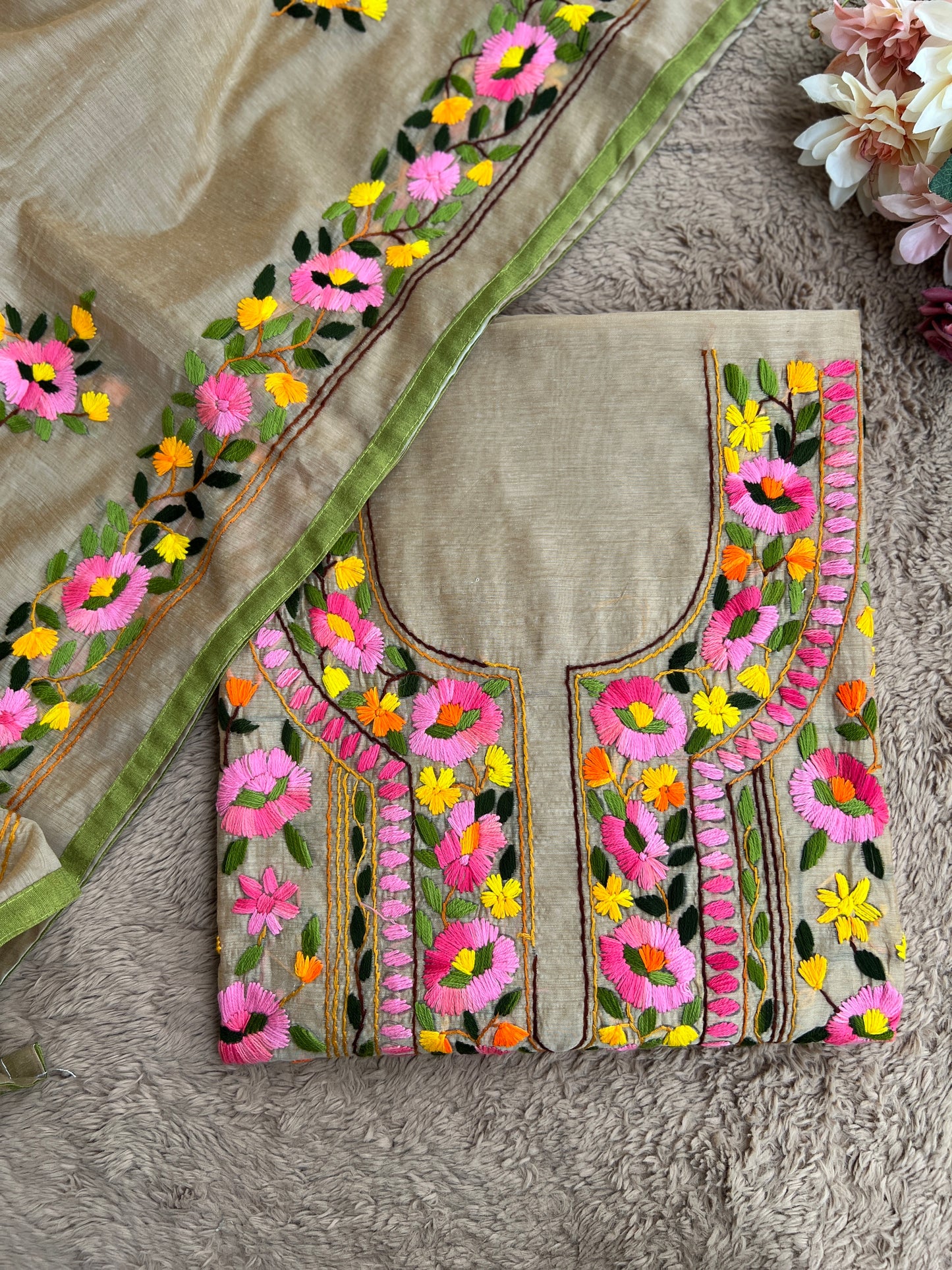 Elegant Beige Multi Phulkari Chanderi Silk Ensemble