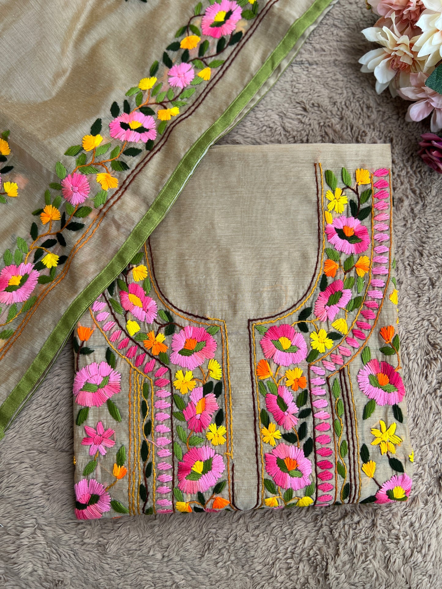 Elegant Beige Multi Phulkari Chanderi Silk Ensemble