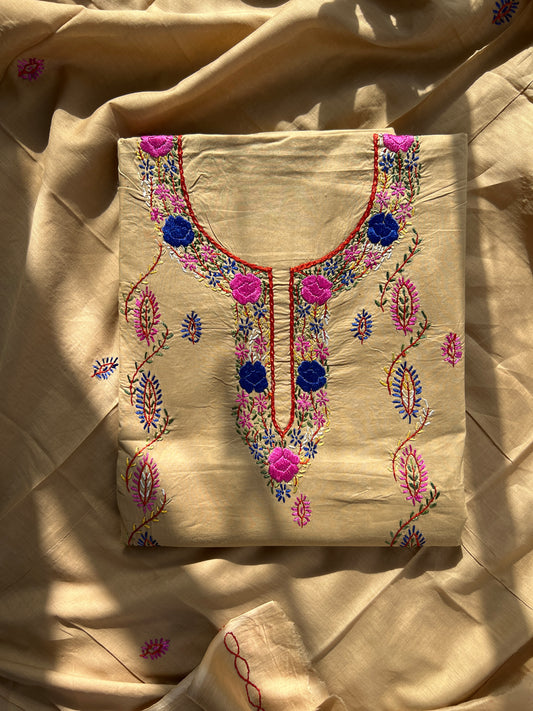 Beige Brown Pure Cotton Parshi Handwork Suit Set