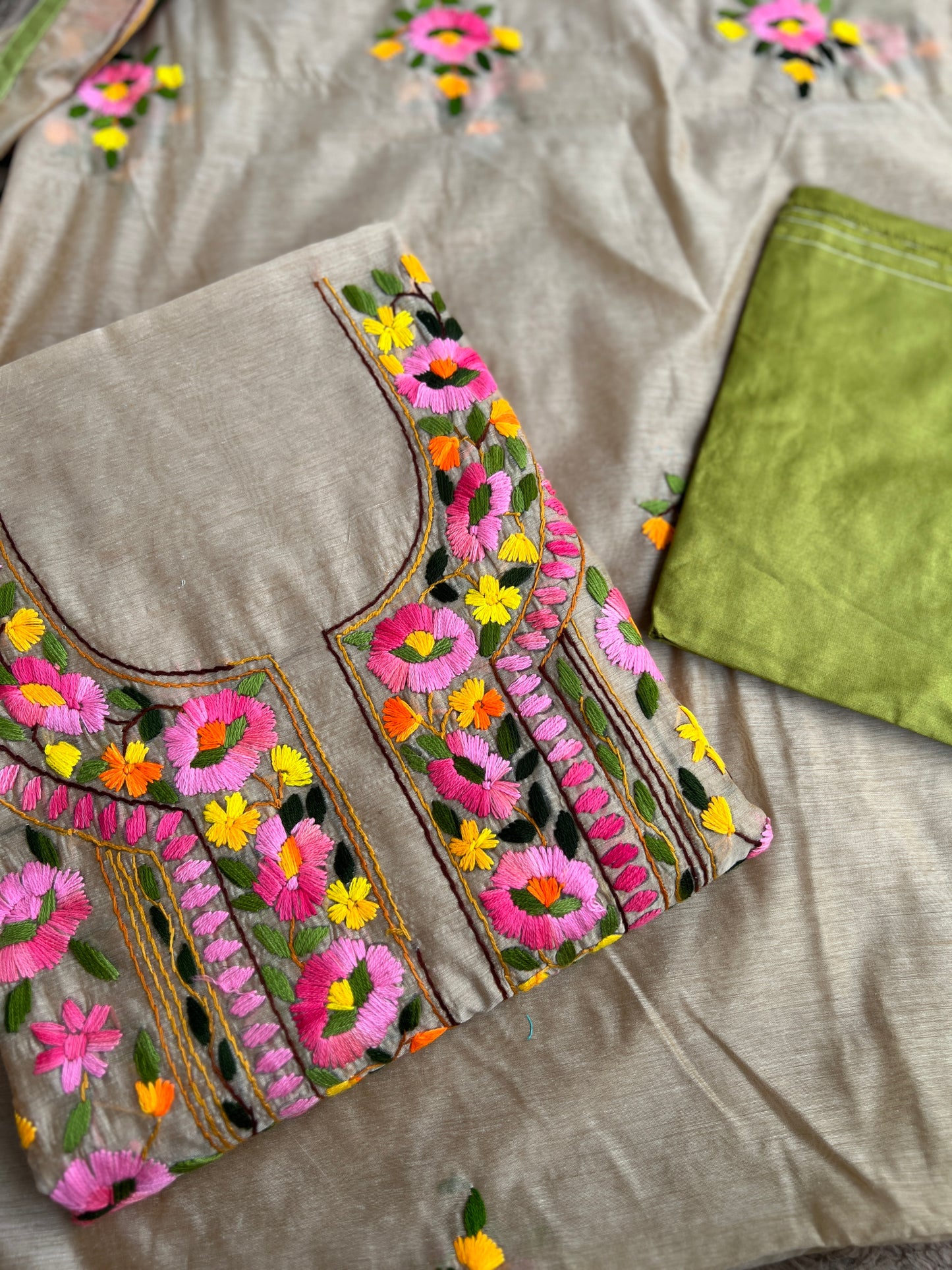 Elegant Beige Multi Phulkari Chanderi Silk Ensemble