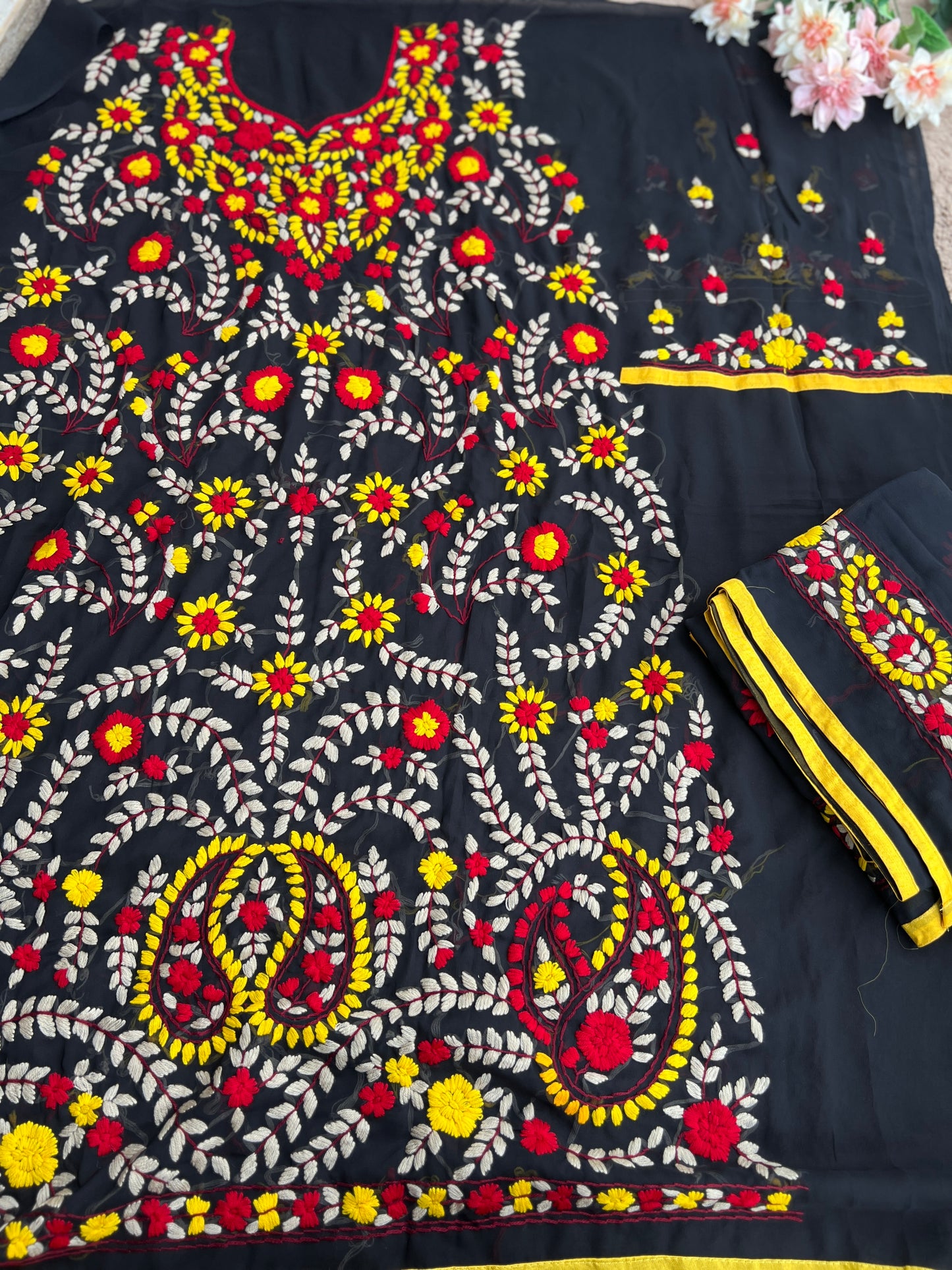 Black Phulkari Ensemble with Vibrant Hand Embroidery