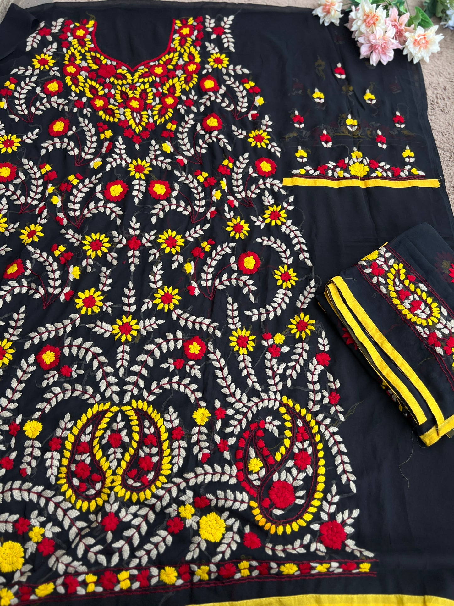Black Phulkari Ensemble with Vibrant Hand Embroidery