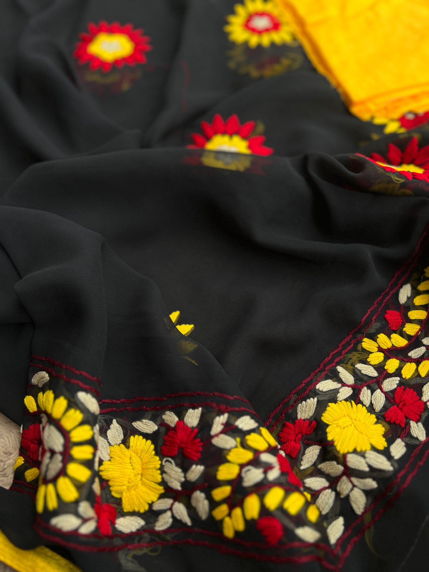 Black Phulkari Ensemble with Vibrant Hand Embroidery
