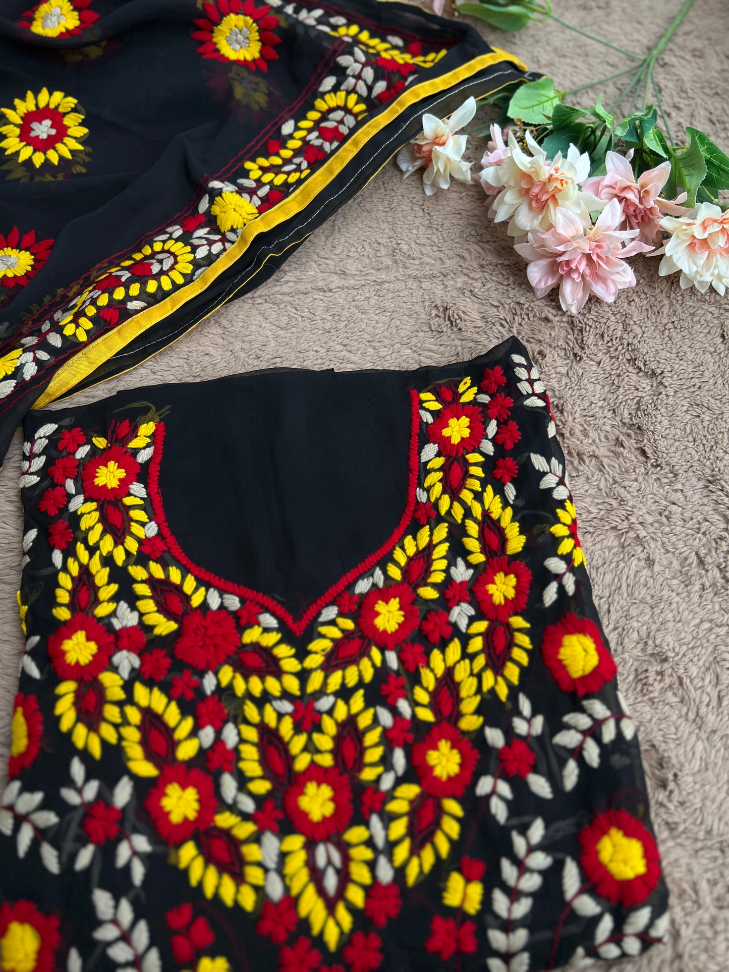Black Phulkari Ensemble with Vibrant Hand Embroidery