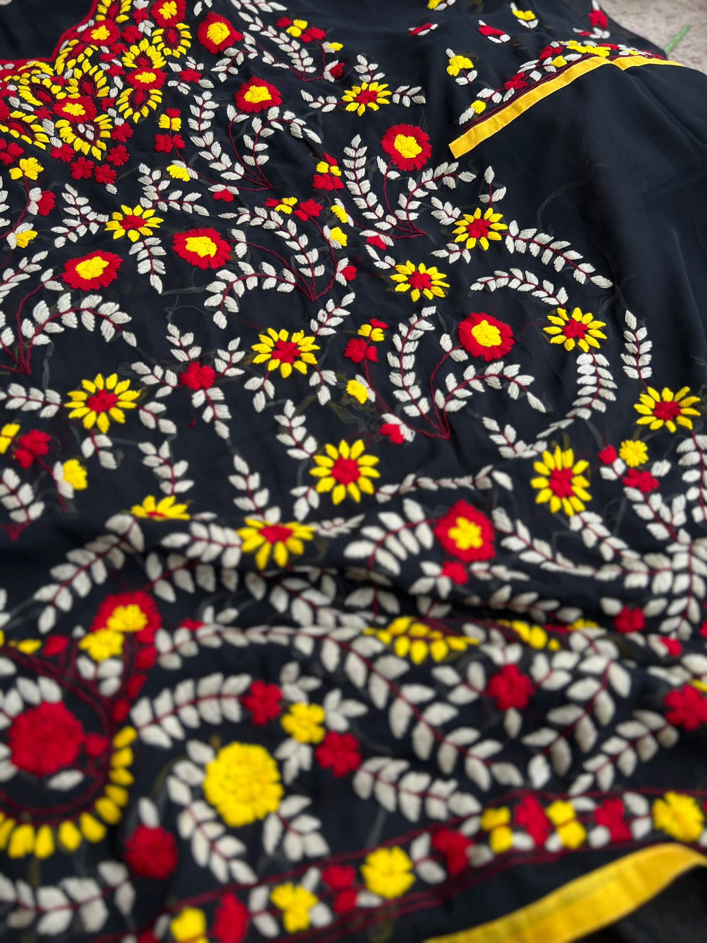 Black Phulkari Ensemble with Vibrant Hand Embroidery