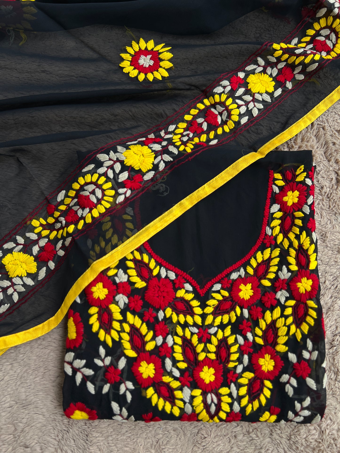 Black Phulkari Ensemble with Vibrant Hand Embroidery