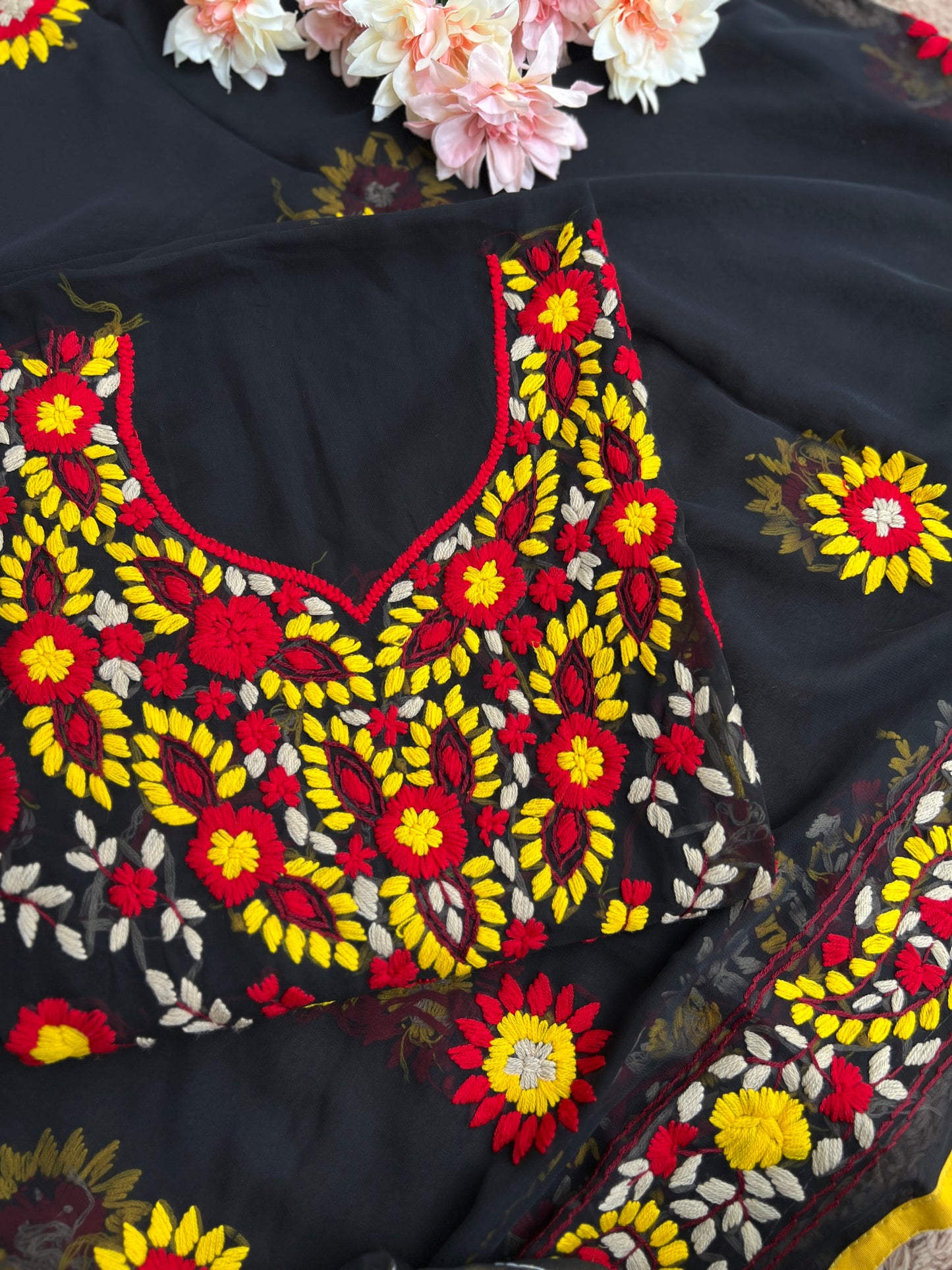 Black Phulkari Ensemble with Vibrant Hand Embroidery