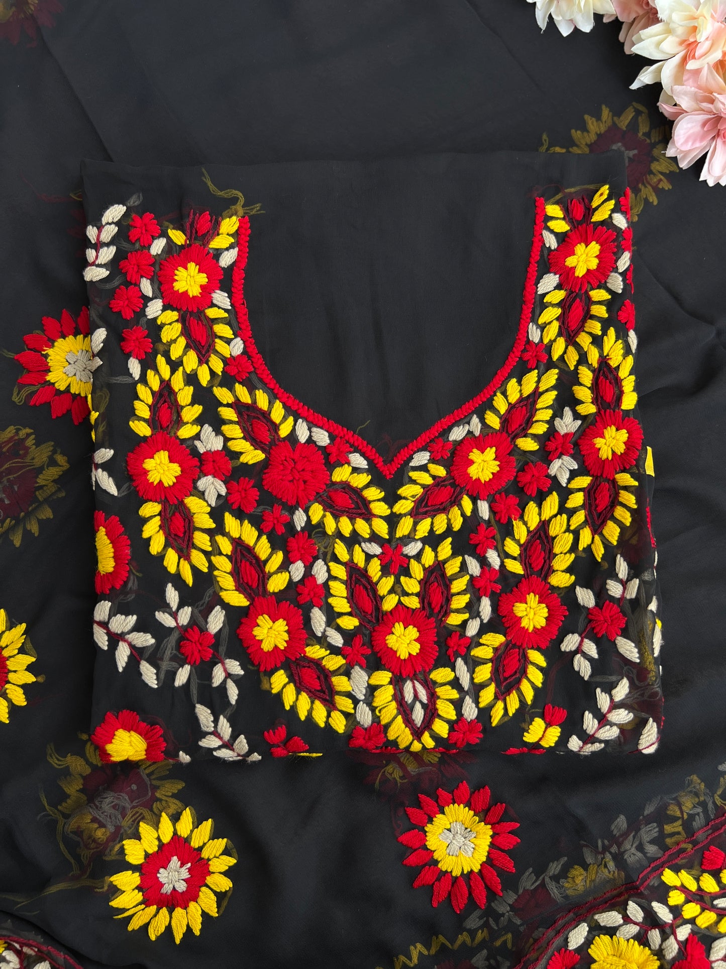 Black Phulkari Ensemble with Vibrant Hand Embroidery