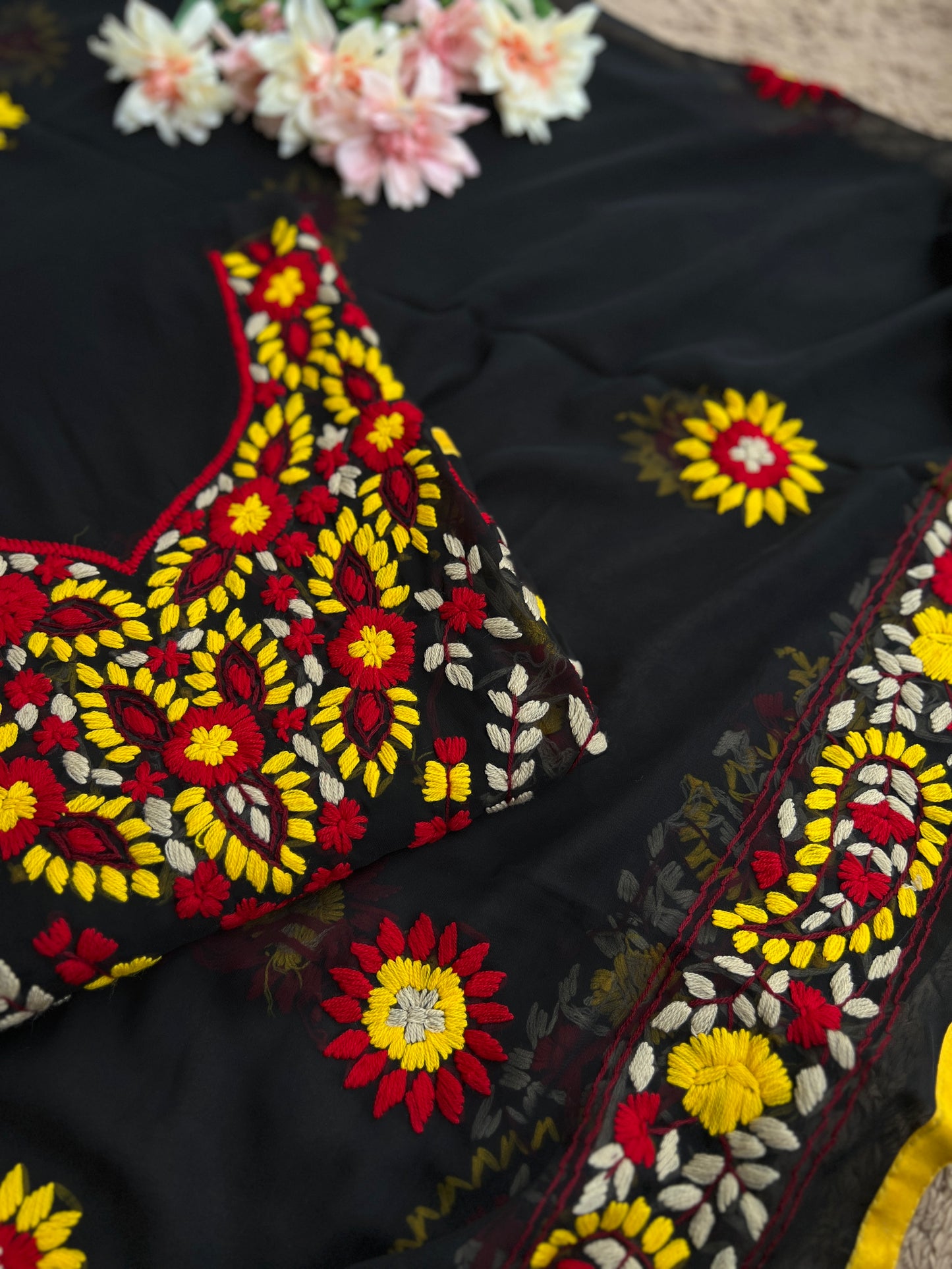 Black Phulkari Ensemble with Vibrant Hand Embroidery