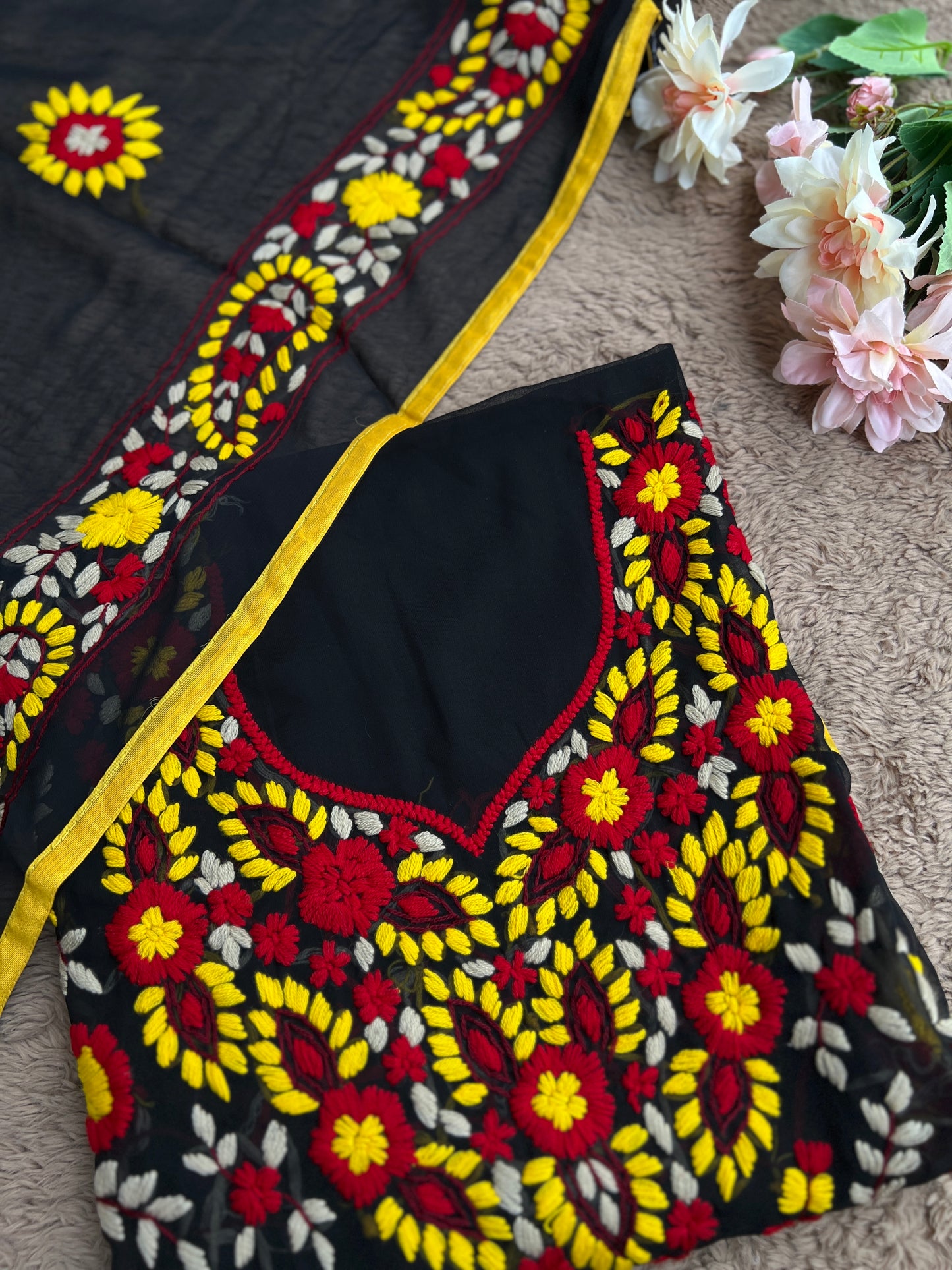Black Phulkari Ensemble with Vibrant Hand Embroidery