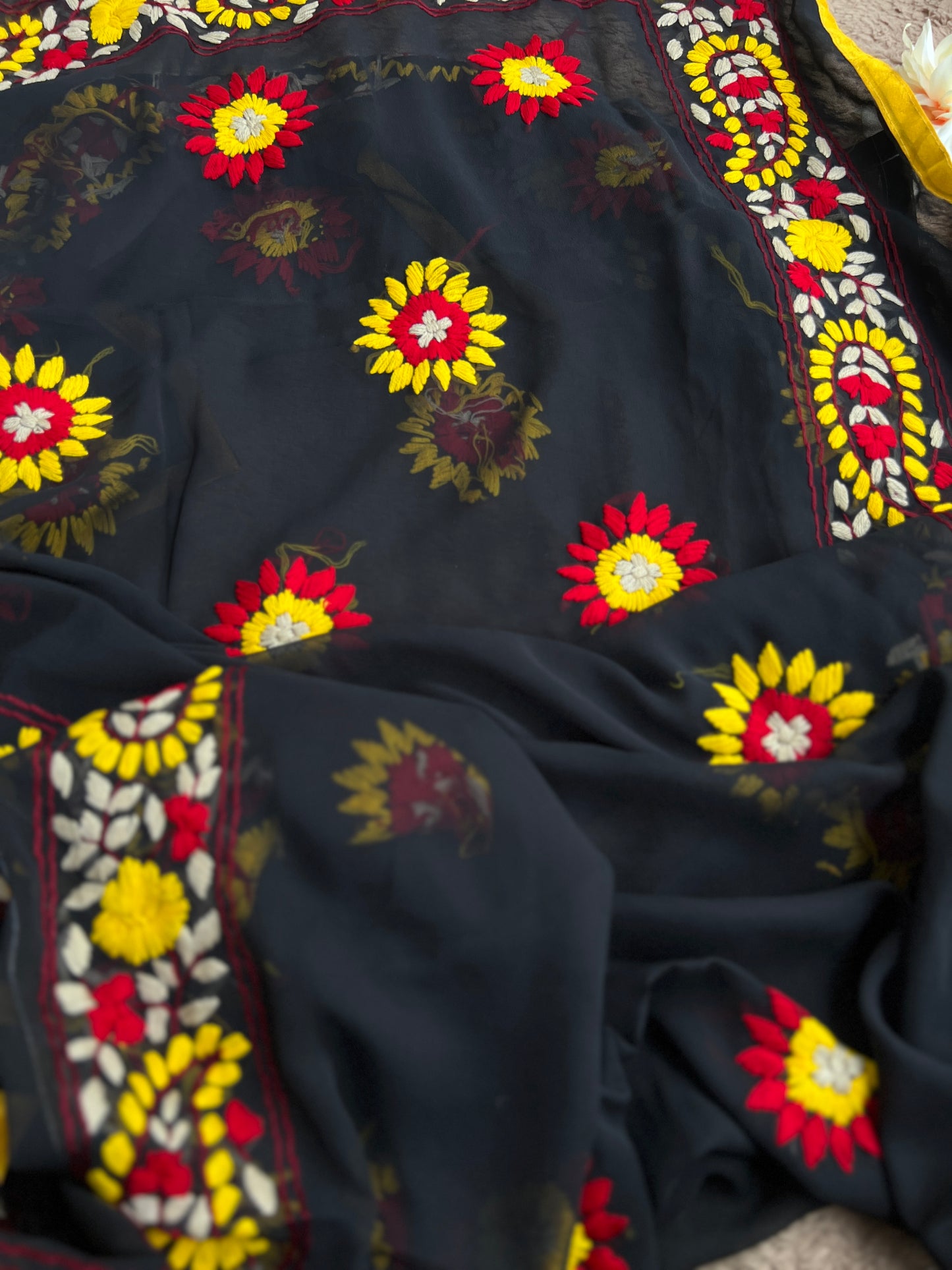 Black Phulkari Ensemble with Vibrant Hand Embroidery