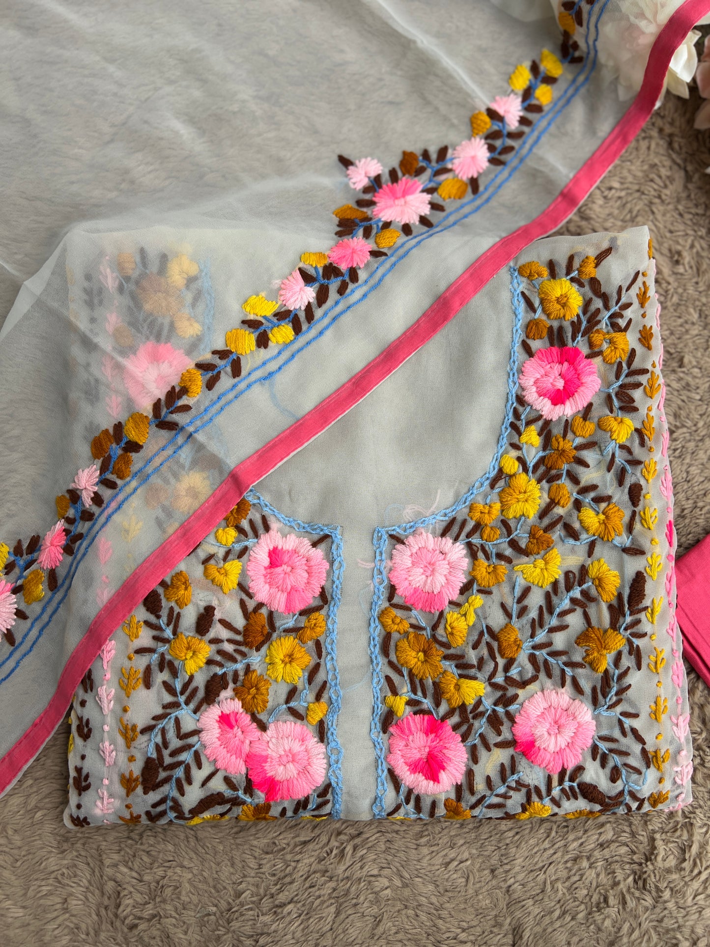 White Georgette Phulkari Suit with pink Hand Embroidery πΌ