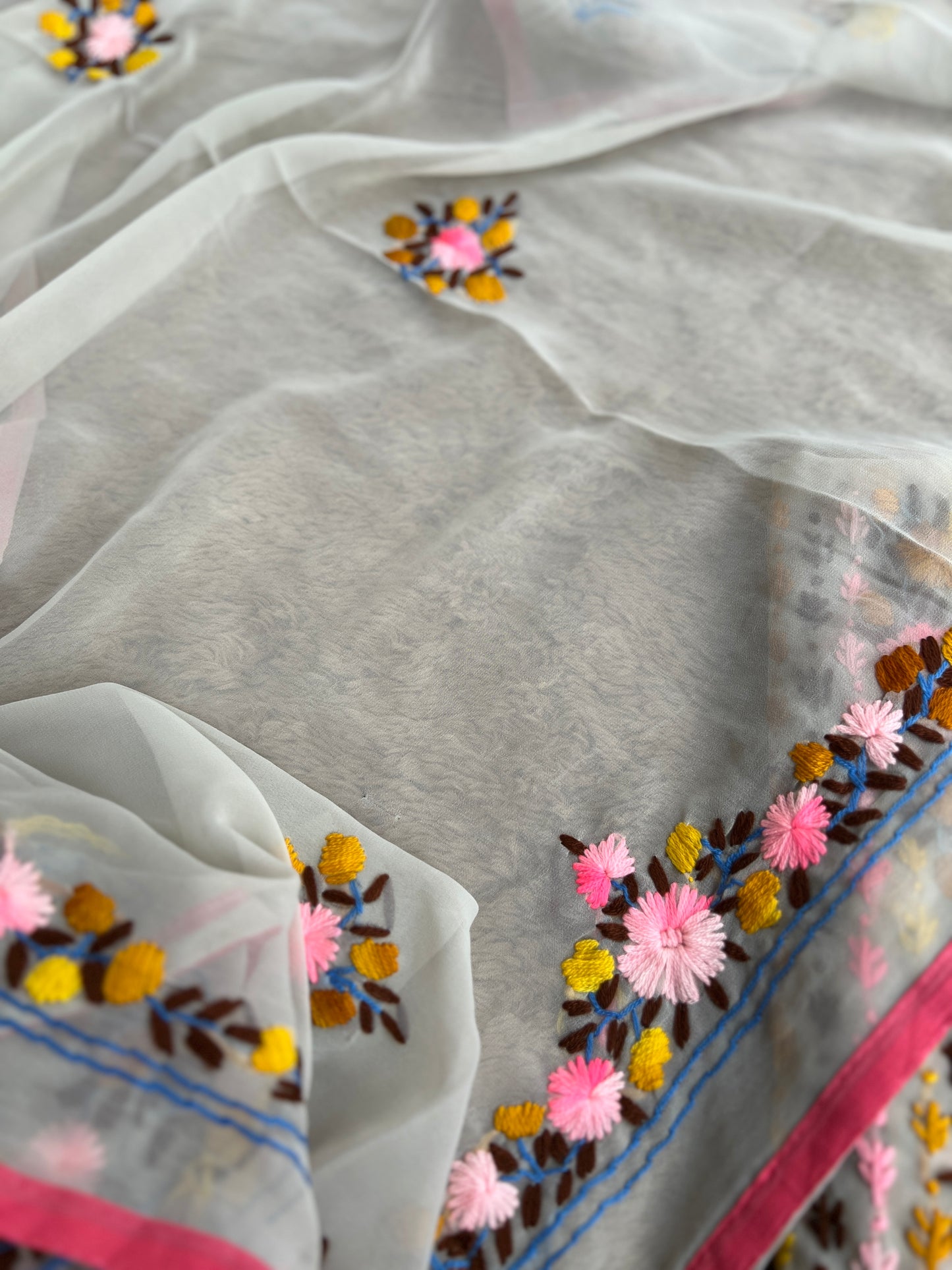 White Georgette Phulkari Suit with pink Hand Embroidery πΌ