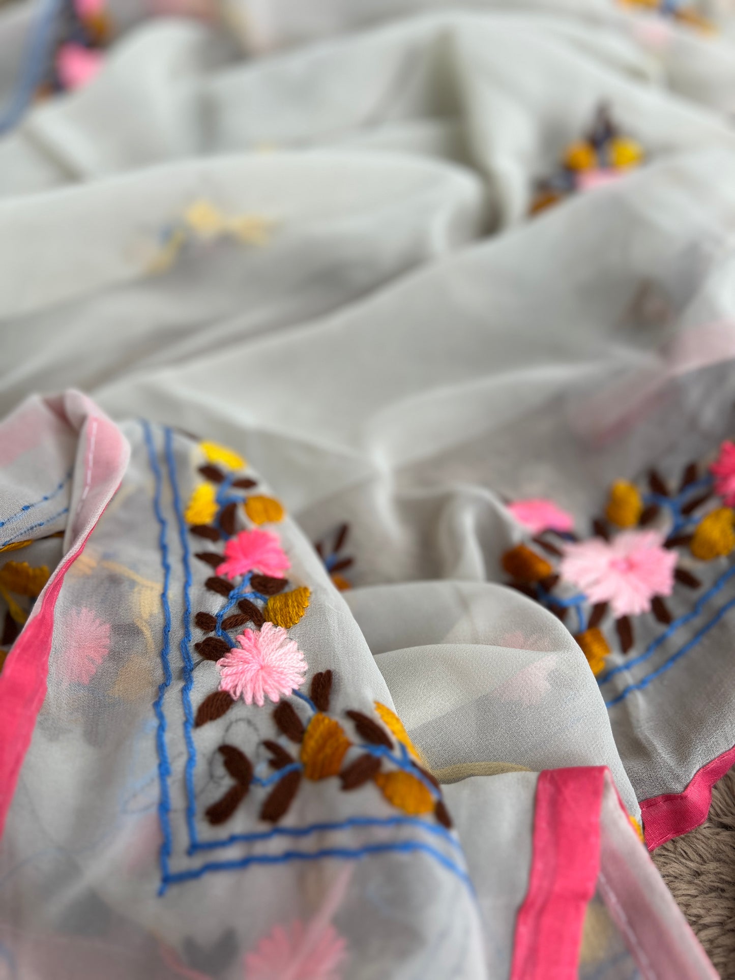 White Georgette Phulkari Suit with pink Hand Embroidery πΌ