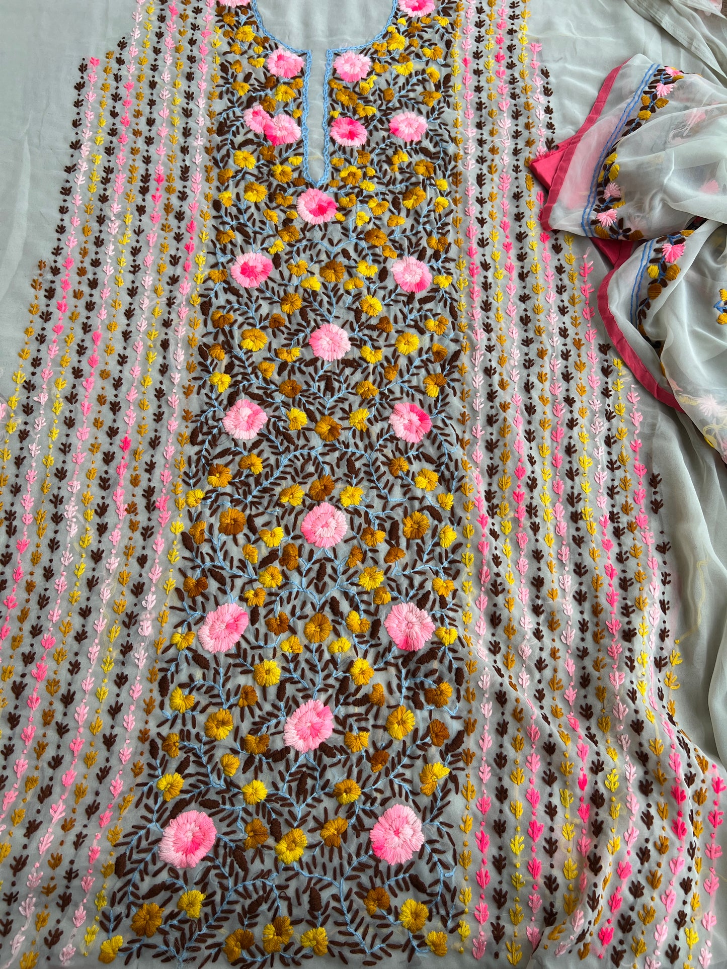 White Georgette Phulkari Suit with pink Hand Embroidery πΌ