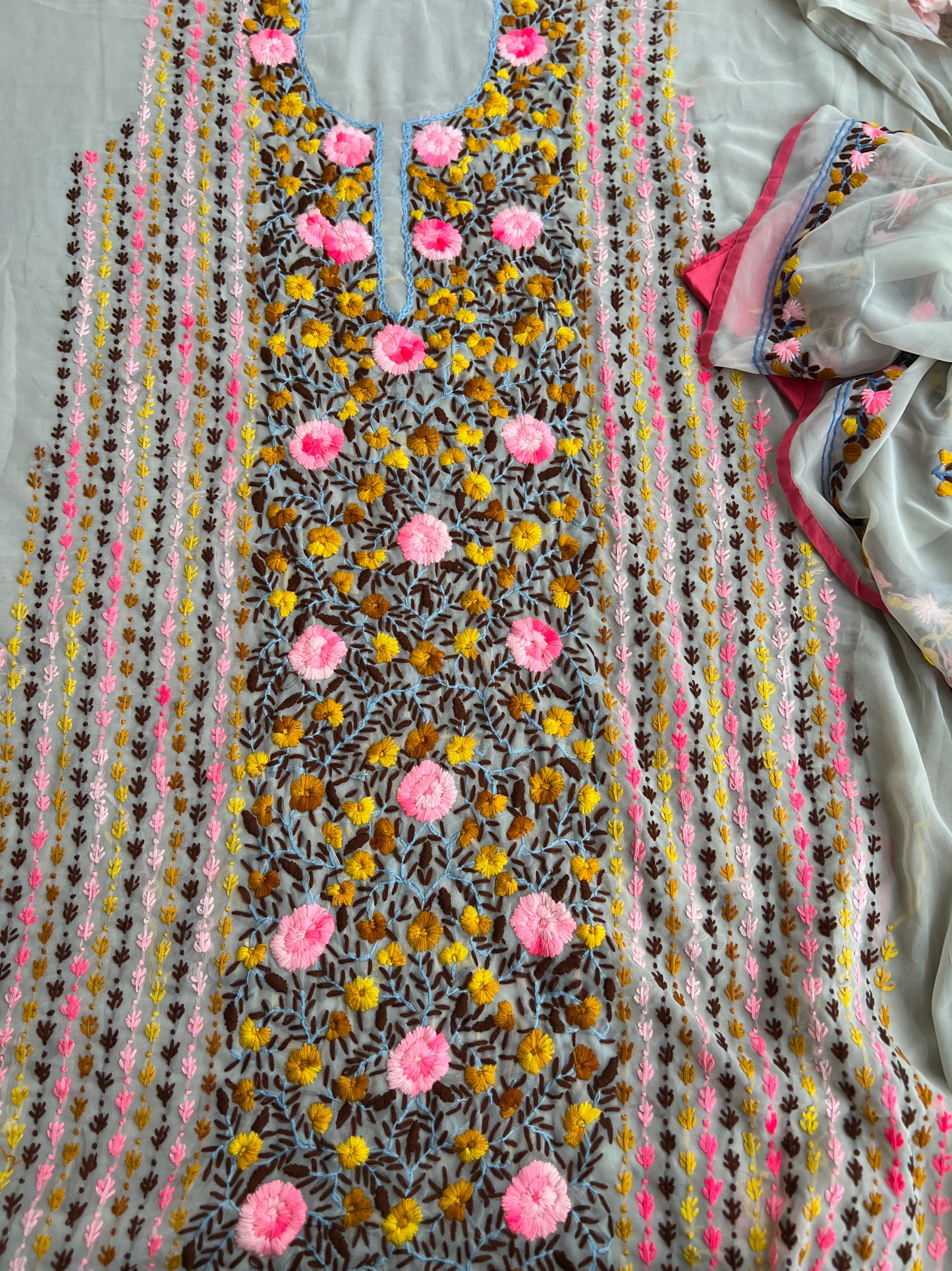 White Georgette Phulkari Suit with pink Hand Embroidery πΌ