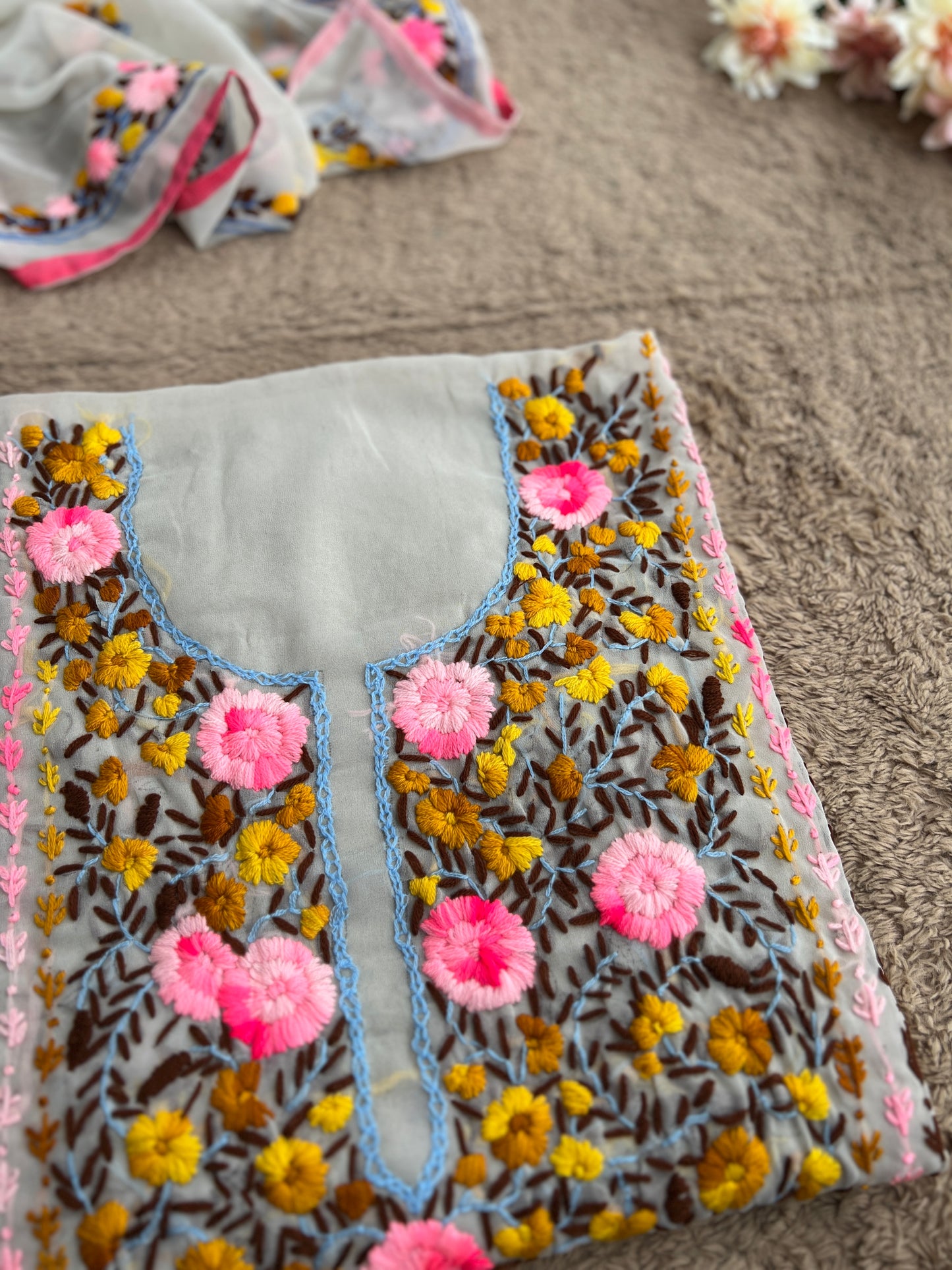 White Georgette Phulkari Suit with pink Hand Embroidery πΌ