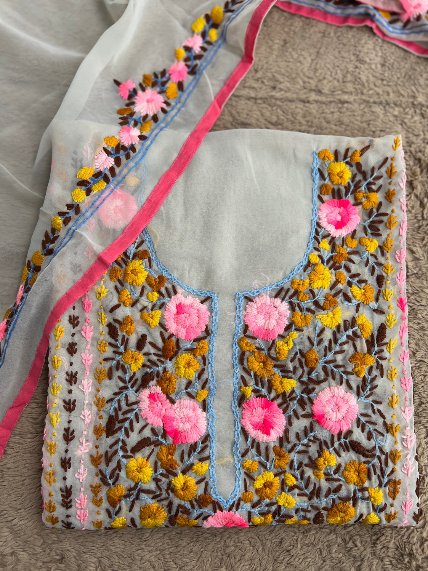White Georgette Phulkari Suit with pink Hand Embroidery πΌ