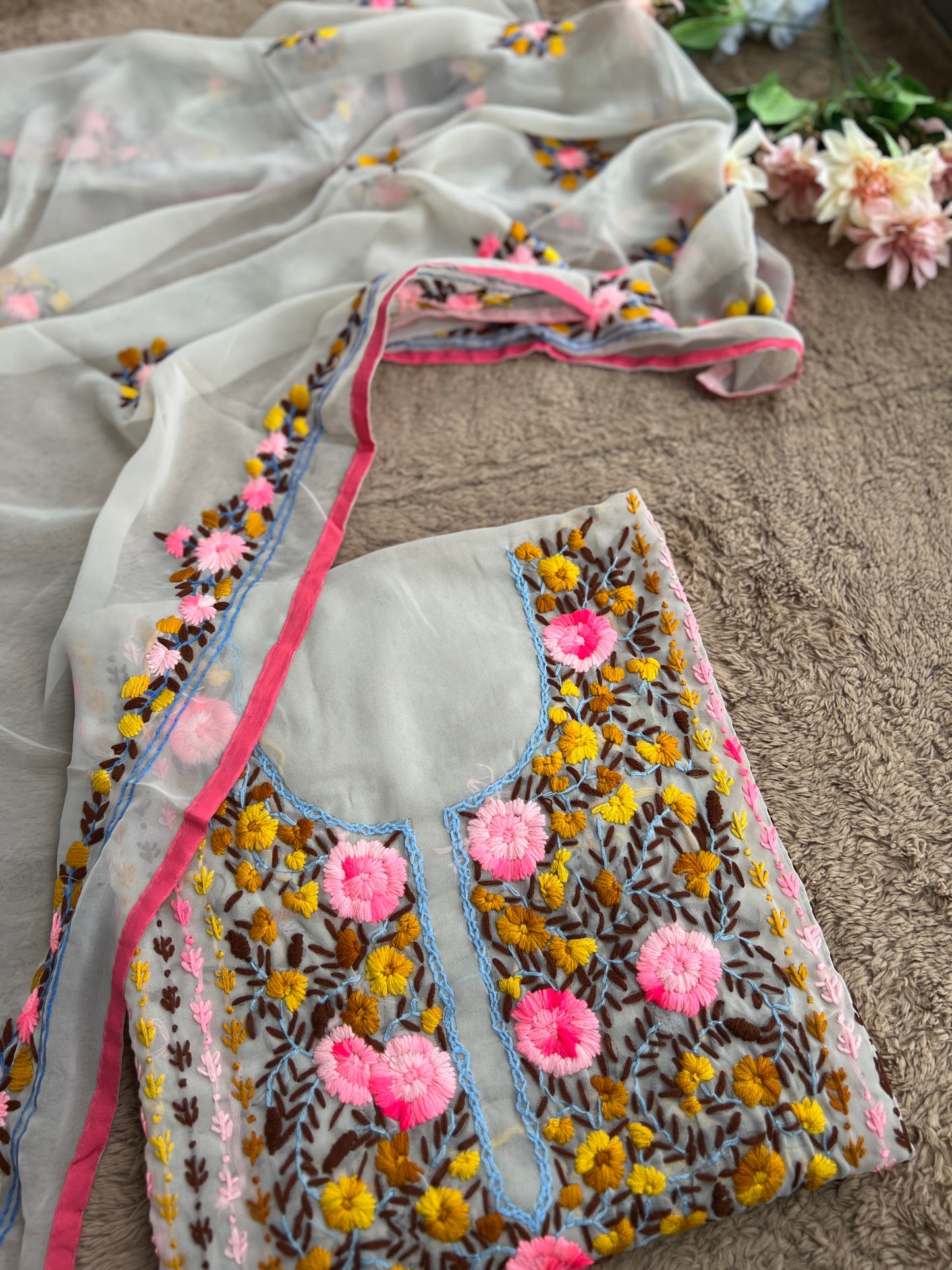 White Georgette Phulkari Suit with pink Hand Embroidery πΌ