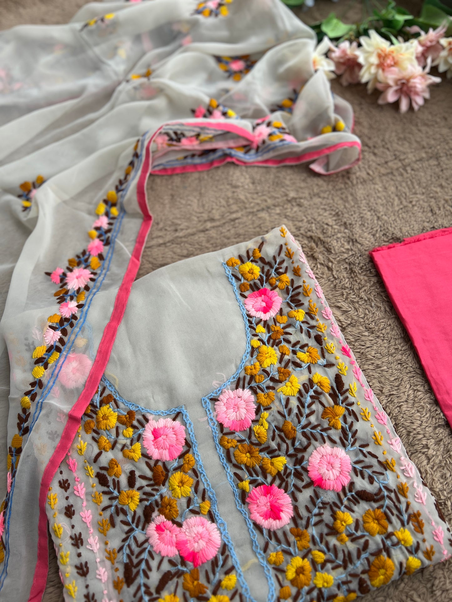 White Georgette Phulkari Suit with pink Hand Embroidery πΌ
