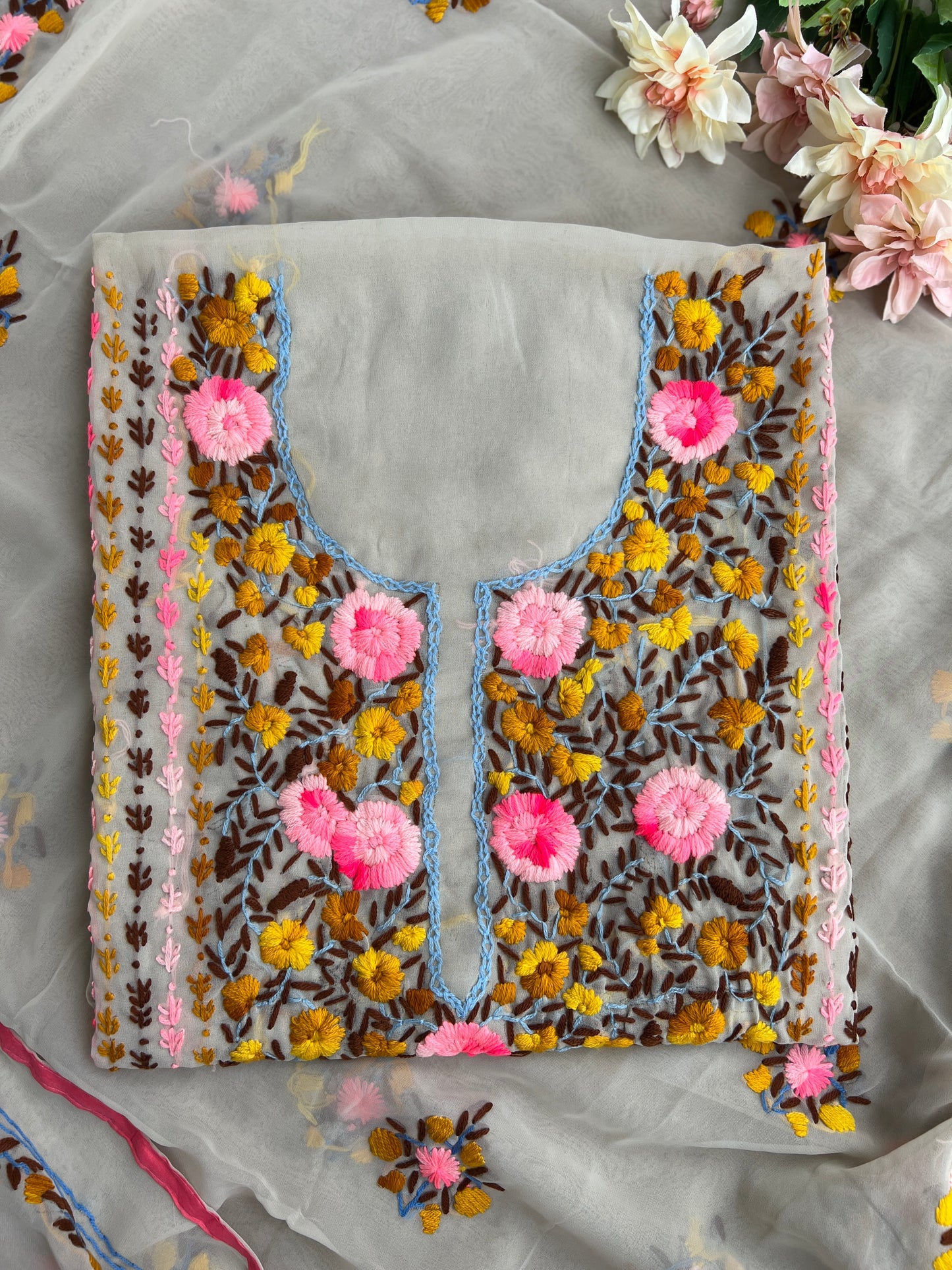 White Georgette Phulkari Suit with pink Hand Embroidery πΌ