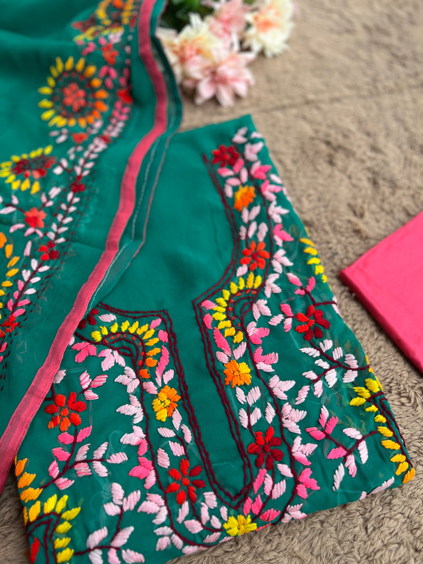 Emerald Green Georgette Phulkari Suit with Multicolor Hand Embroidery πΊ