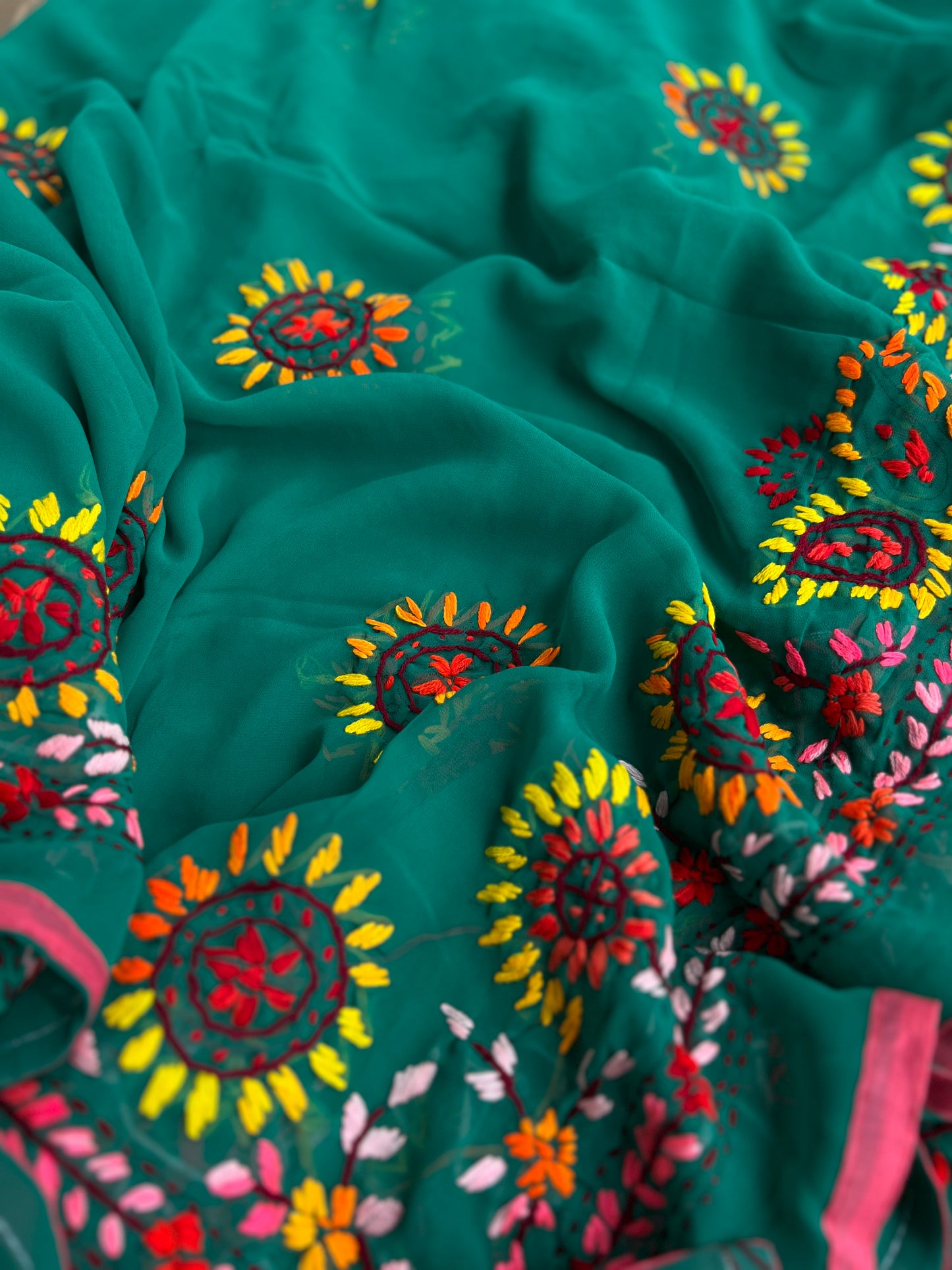 Emerald Green Georgette Phulkari Suit with Multicolor Hand Embroidery πΊ