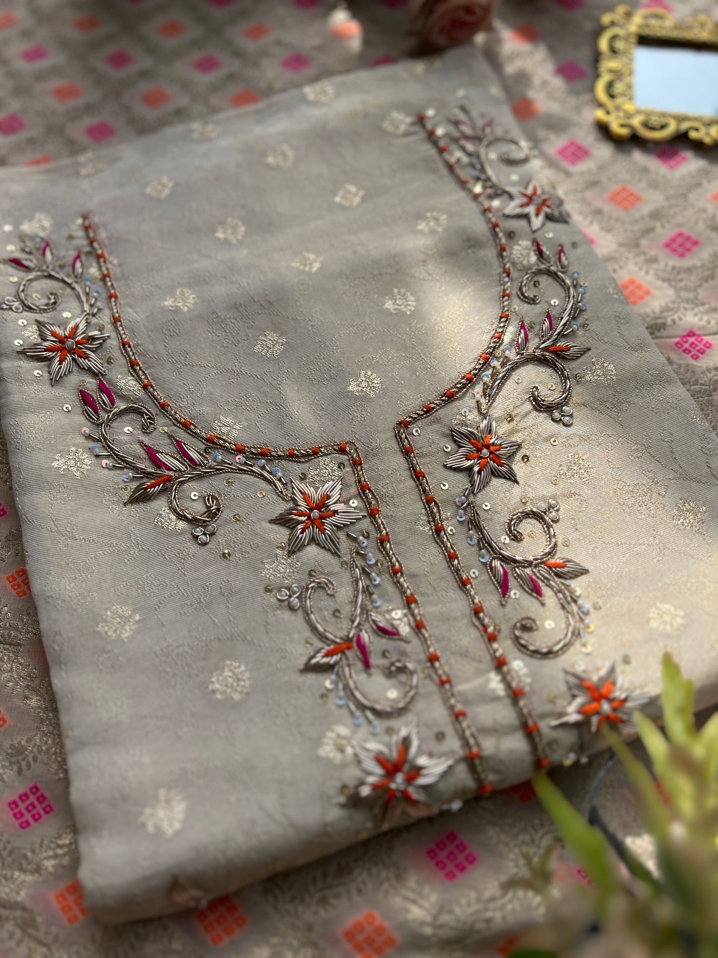 Elegant Ivory Shimmer Jaquard Handwork